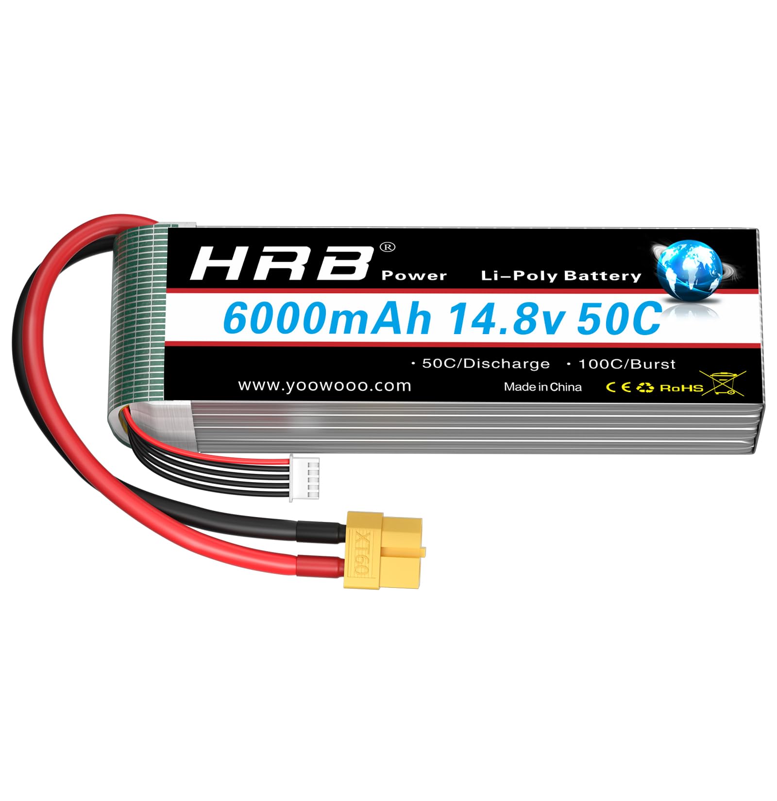 HRB 14.8V 6000mAh 4S Lipo Battery Pack 50C con XT60