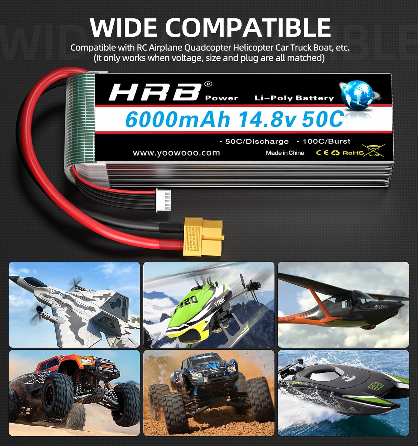 HRB 14.8V 6000mAh 4S Lipo Battery Pack 50C con XT60 - immagine 5