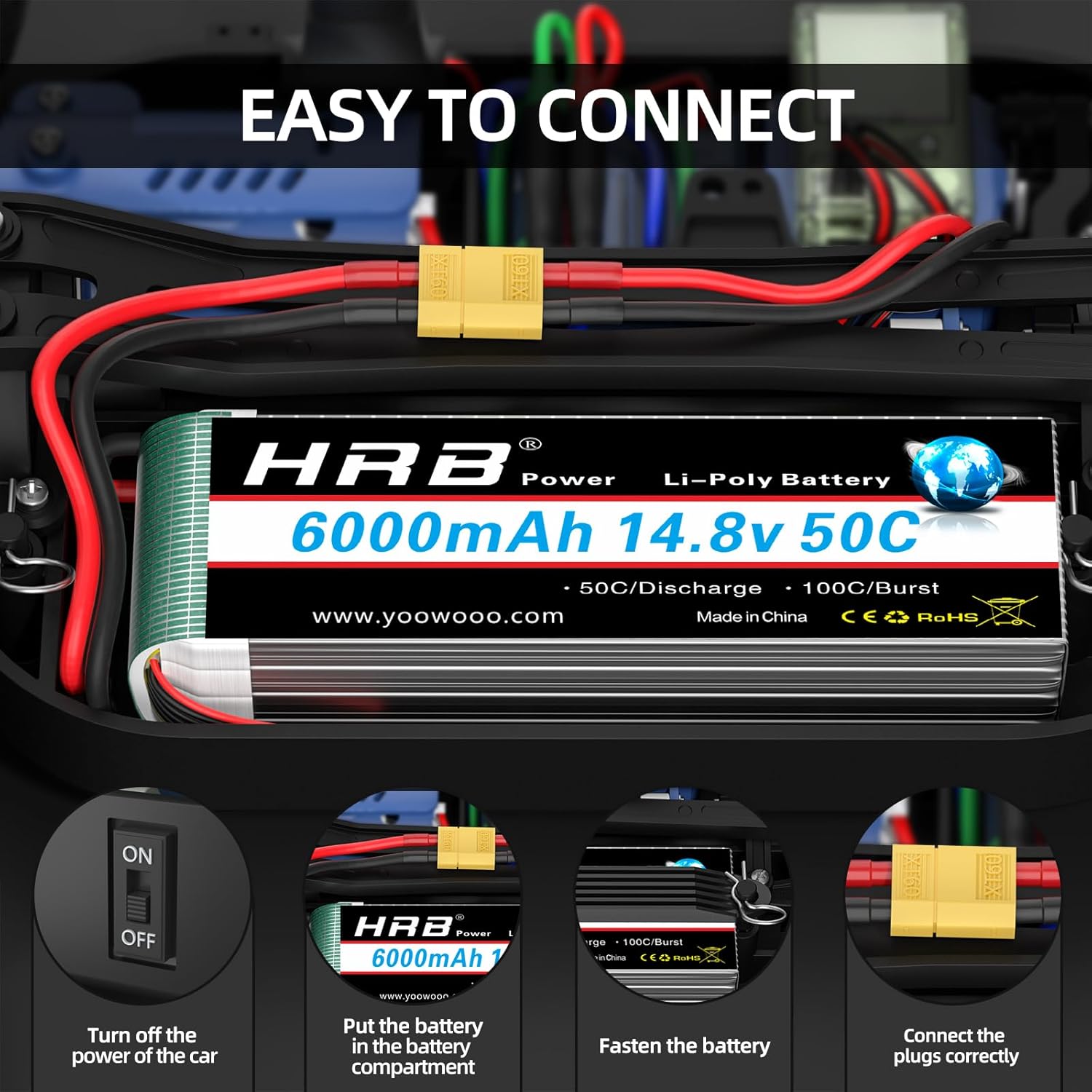 HRB 14.8V 6000mAh 4S Lipo Battery Pack 50C con XT60 - immagine 6
