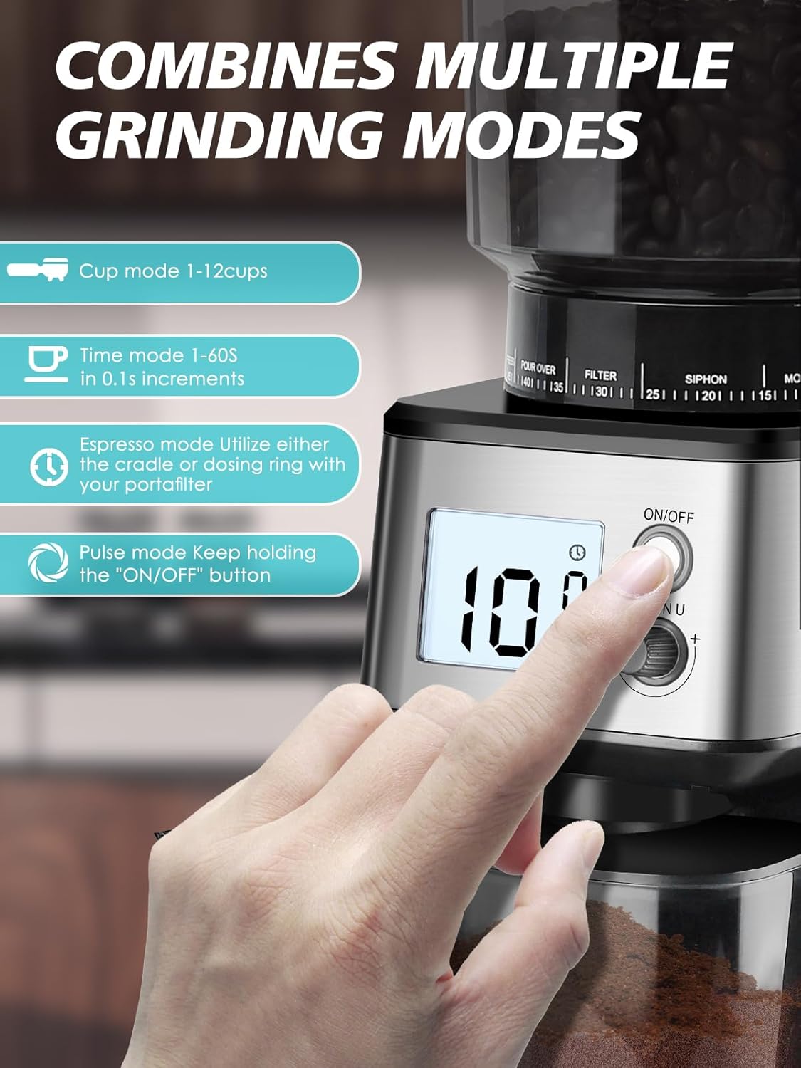 Homtone Macinacaffè Elettrico Automatico, Argento - immagine 4