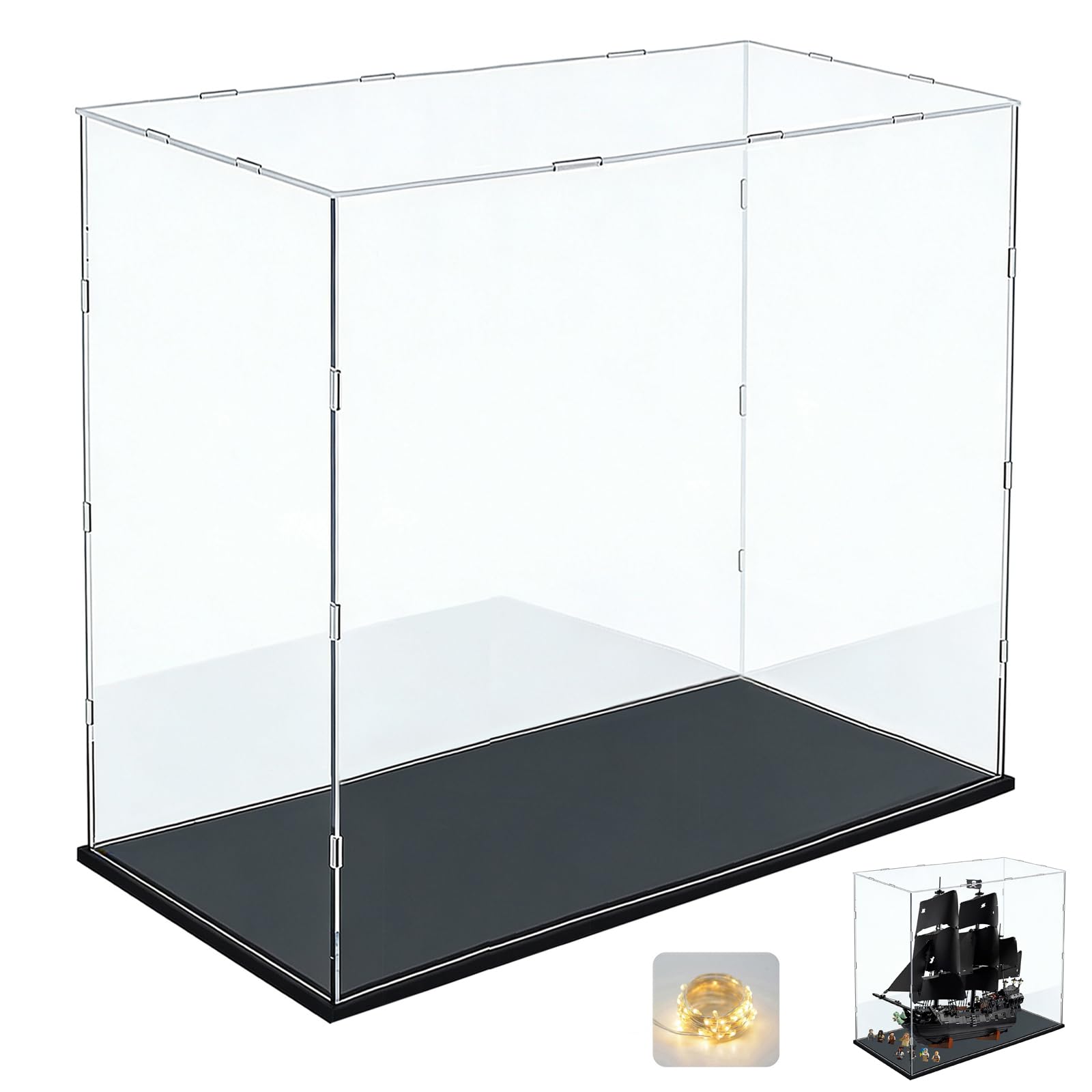 Vetrina Espositiva Teca Plexiglass Acrilico per Lego 10365 Nave Pirata del Capitano Jack Sparrow Collezionismo, Vetrina Trasparente Grande Scatola con Base in Legno-Plastica, Nero Interno 70x30x70cm