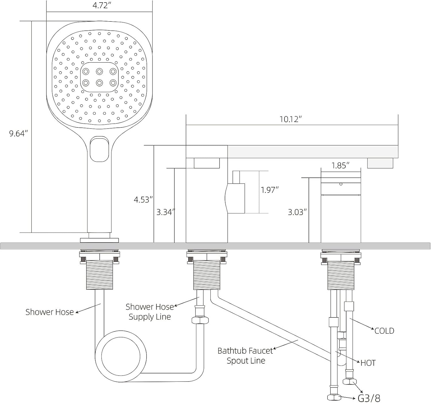 Phasat Rubinetto Vasca da Bagno 3 Fori con Doccetta - immagine 2