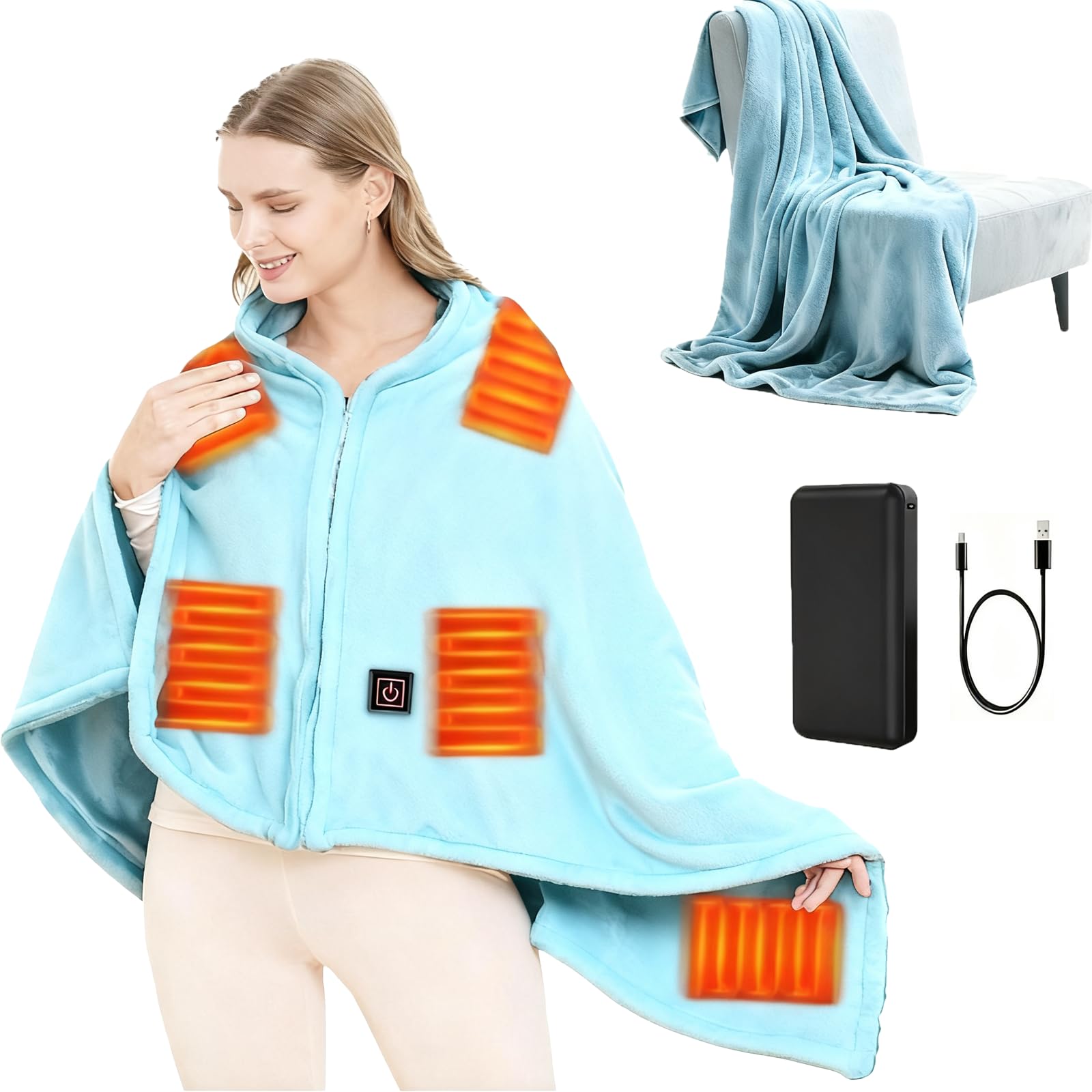 Coperta Elettrica USB con Batteria 10000 mAh, 150x80 cm