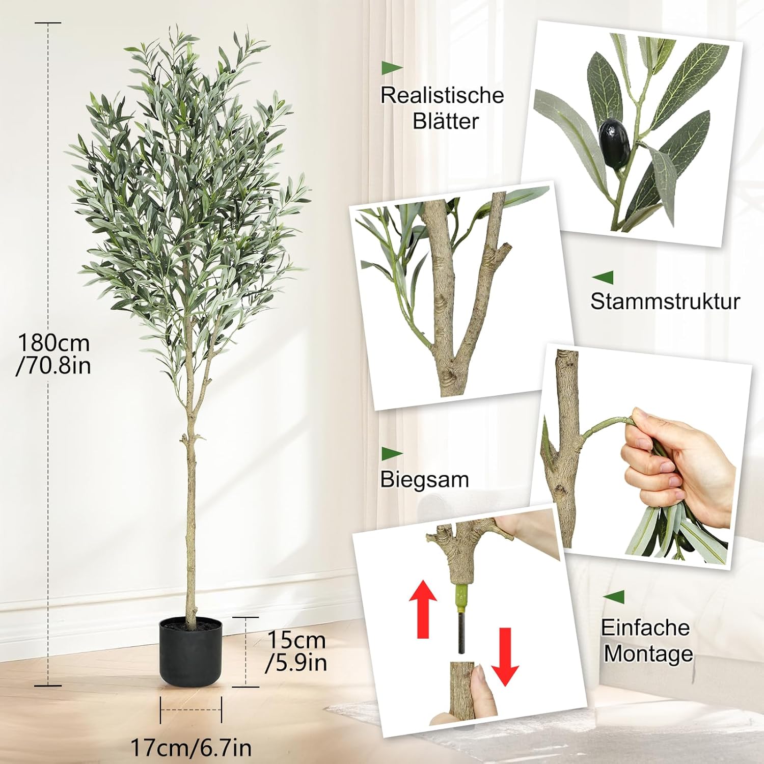 Albero di Ulivo Artificiale 180 cm in Vaso - immagine 2