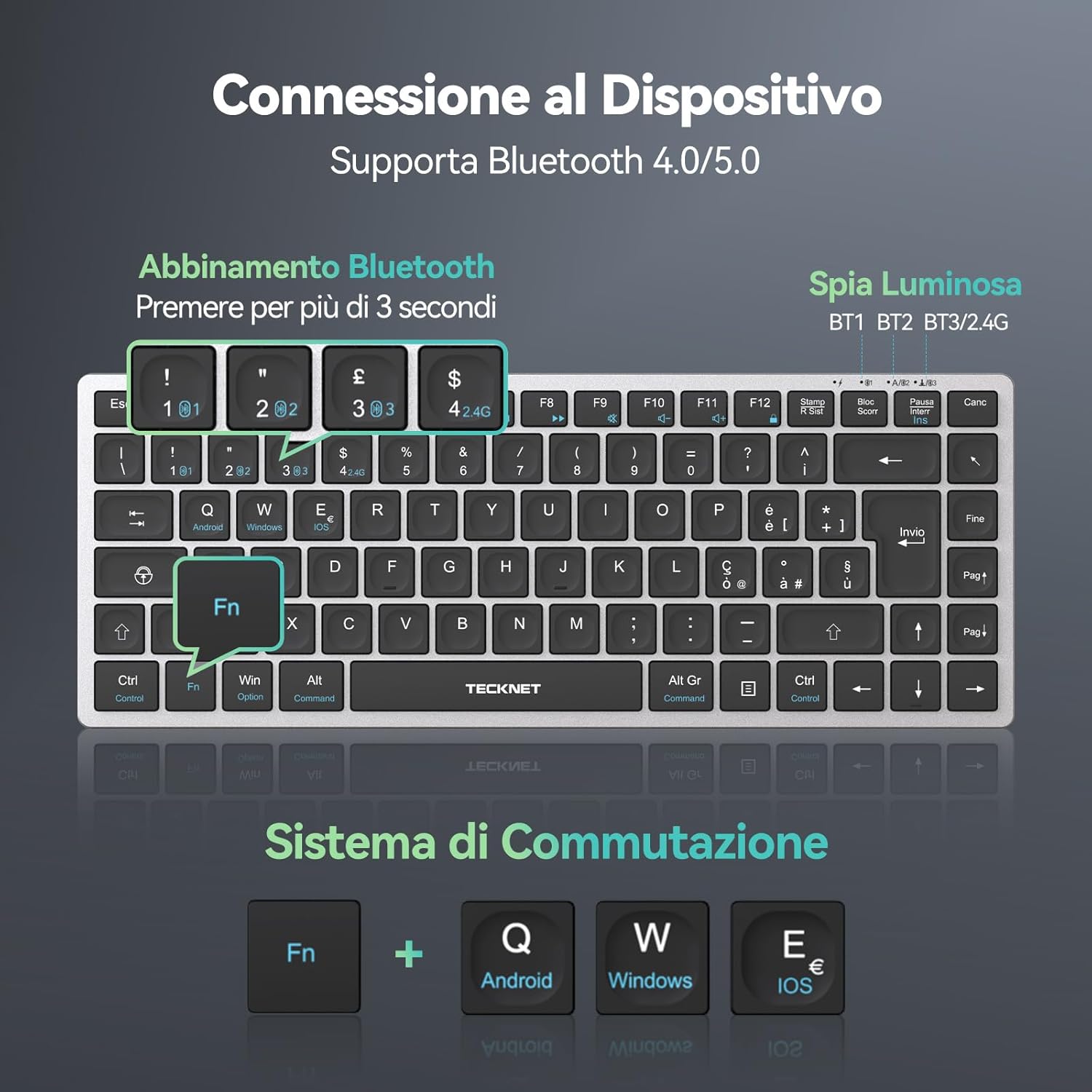 Tecknet Tastiera Bluetooth Ricaricabile Italiana - immagine 6