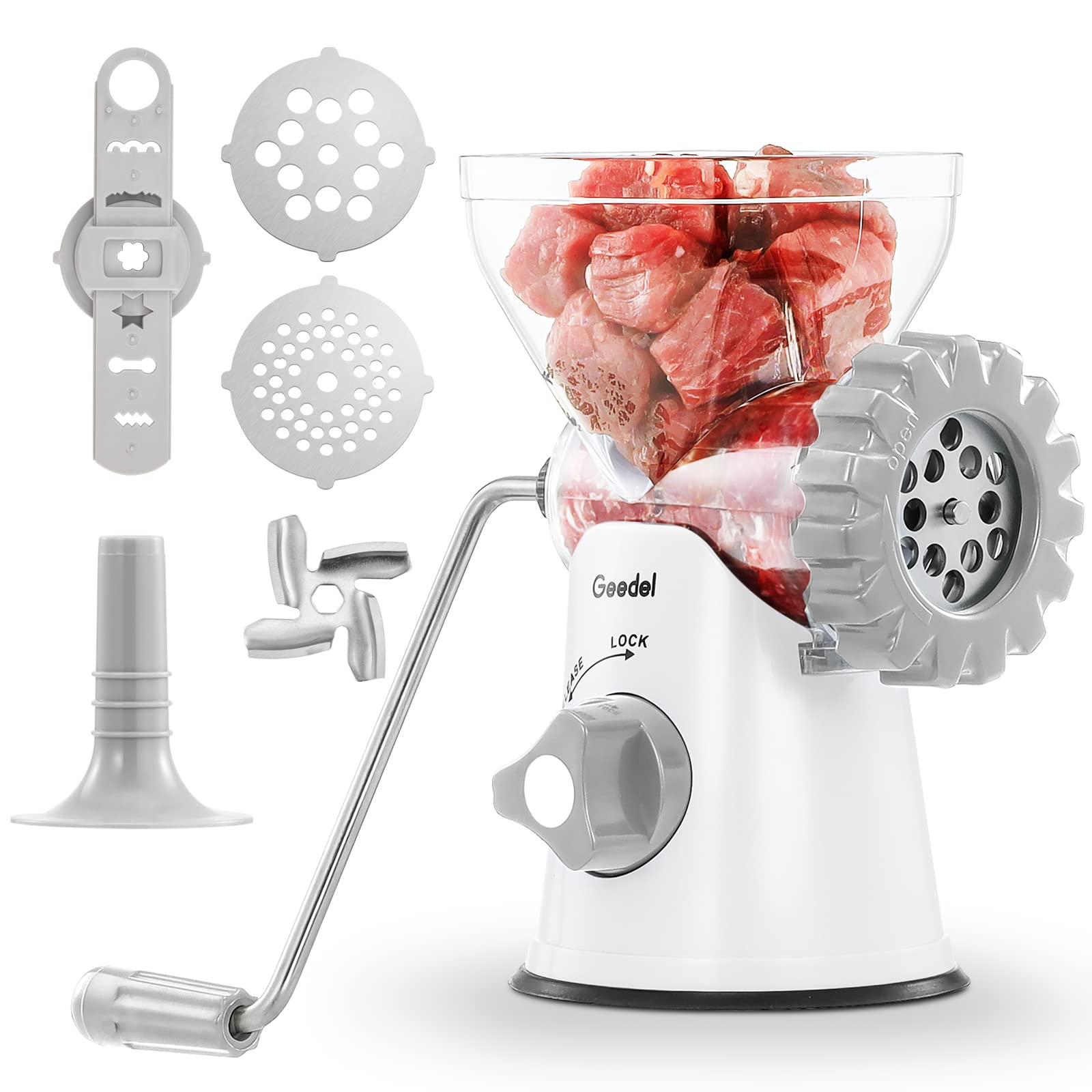 Geedel Tritacarne Manuale 4 in 1 in Acciaio Inox, Bianco