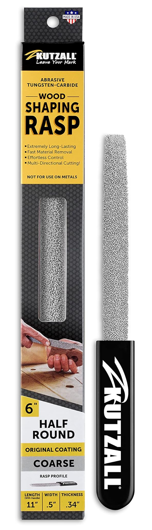 Kutzall Original 6" Raspa Manuale Semitonda - Grana grossa, Raspa/Lima per Legno, Falegnameria e Scultura, Rivestimento Abrasivo in Carburo di Tungsteno - 11" (279.4mm) Lunghezza Totale - HR6330