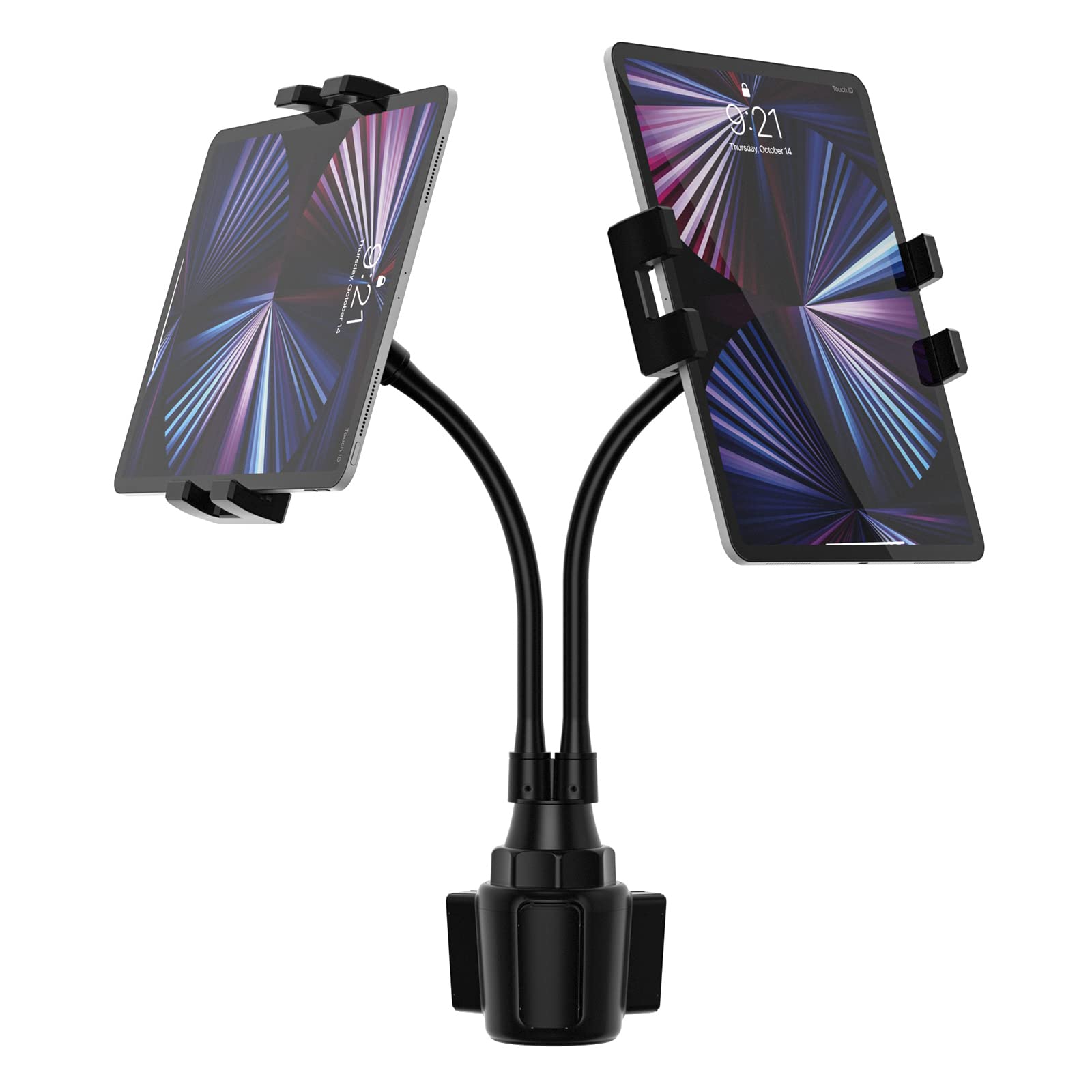 woleyi Doppio Supporto Tablet Portabicchieri Auto, Porta Tablet Macchina Tazza con Due Braccio Lungo a Collo Oca per iPad Pro 9.7, 11, 12.9 Air Mini, Galaxy Tabs, iPhone, 4-13" Cellulare Tablet