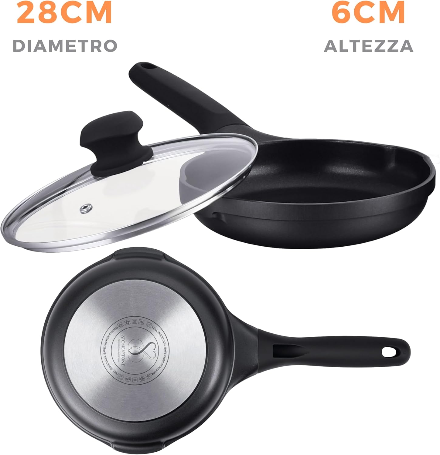 Stone&stone Padella Antiaderente 28cm Induzione con Coperchio - immagine 3