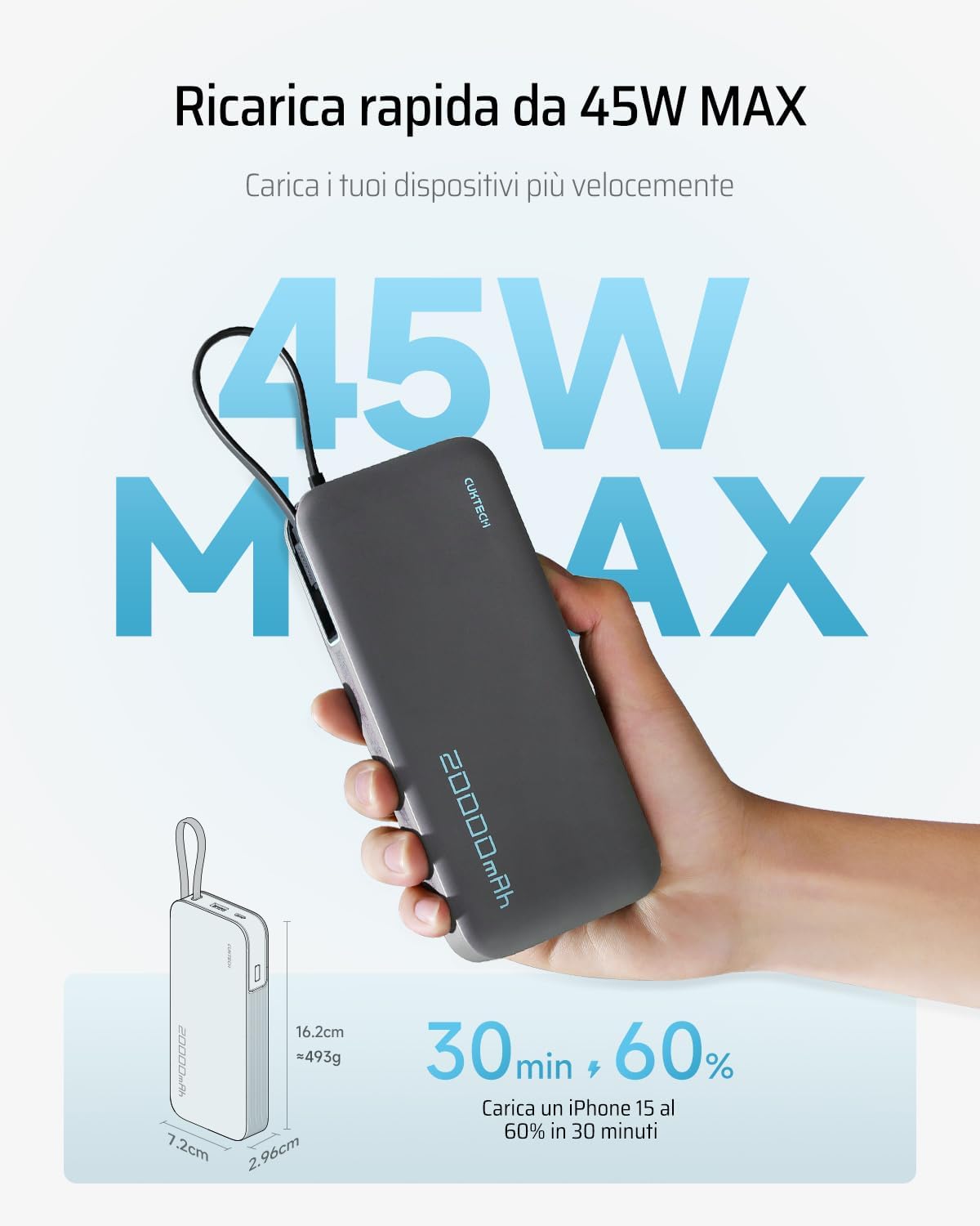Cuktech Power Bank 45W 20000mAh con Cavi Integrati - immagine 2