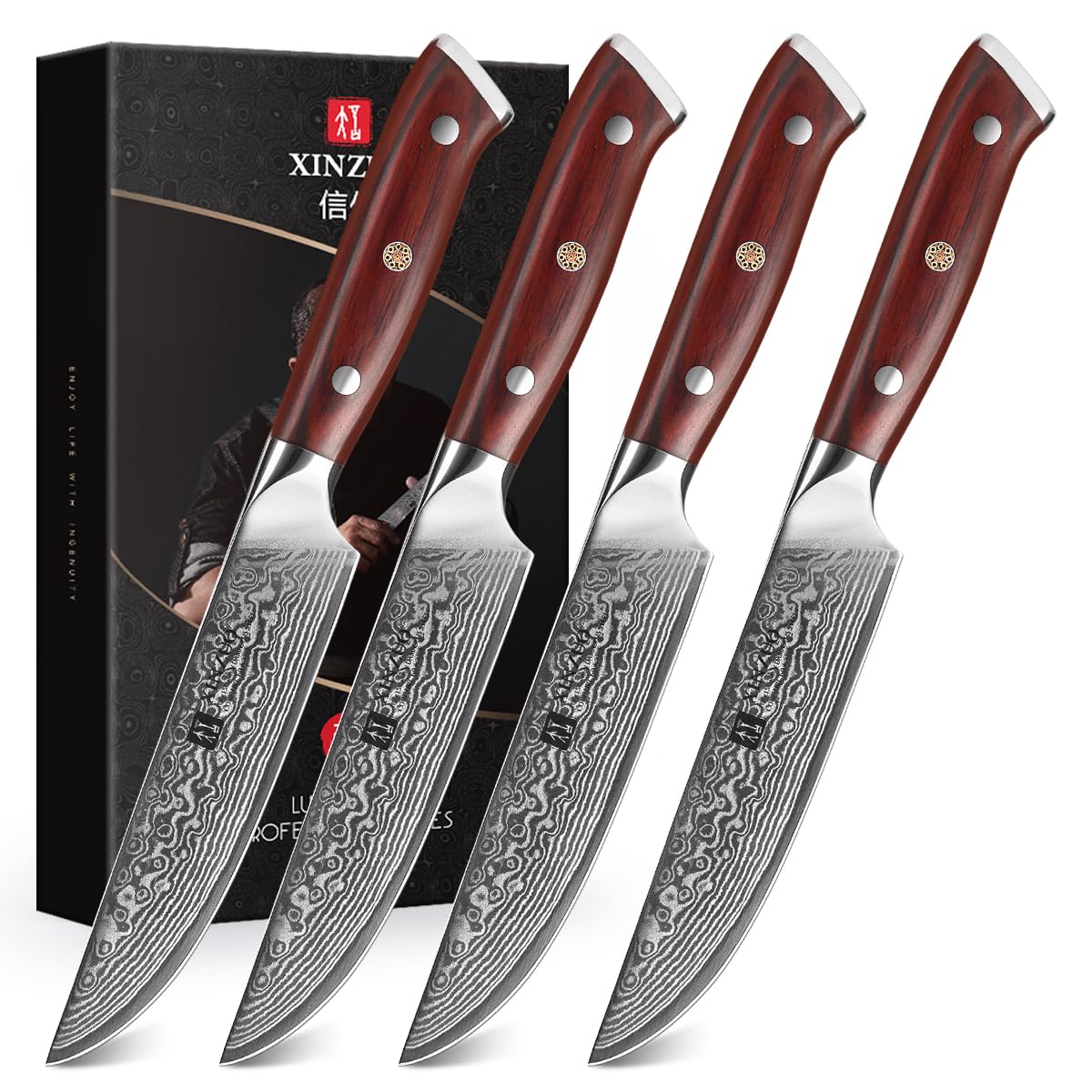 Xinzuo Set 4 Coltelli da Bistecca Acciaio Damasco