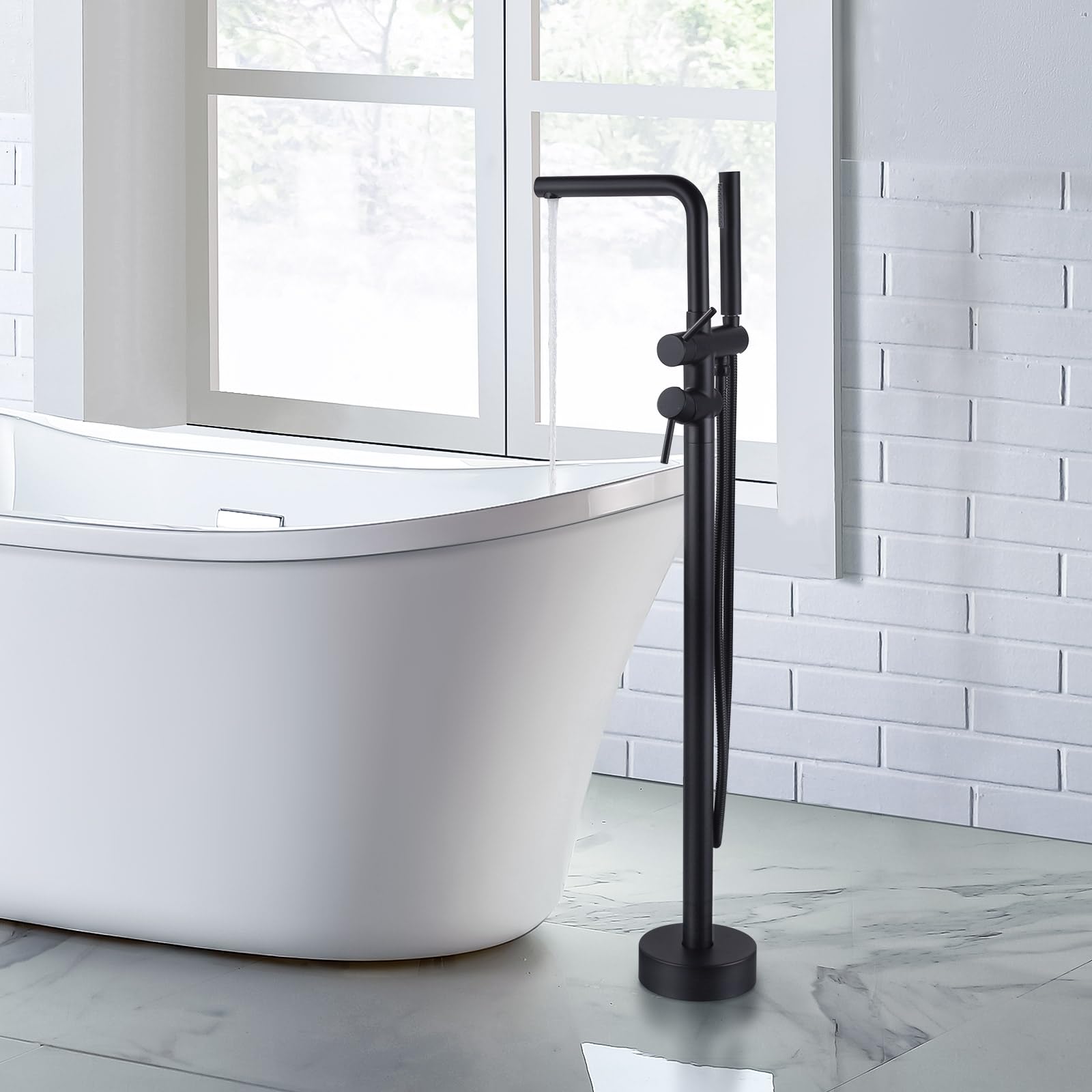 ARCORA Armatura autoportante: rubinetto per vasca da bagno in rame acciaio inox girevole a 360°, montaggio a pavimento con doccetta – nero