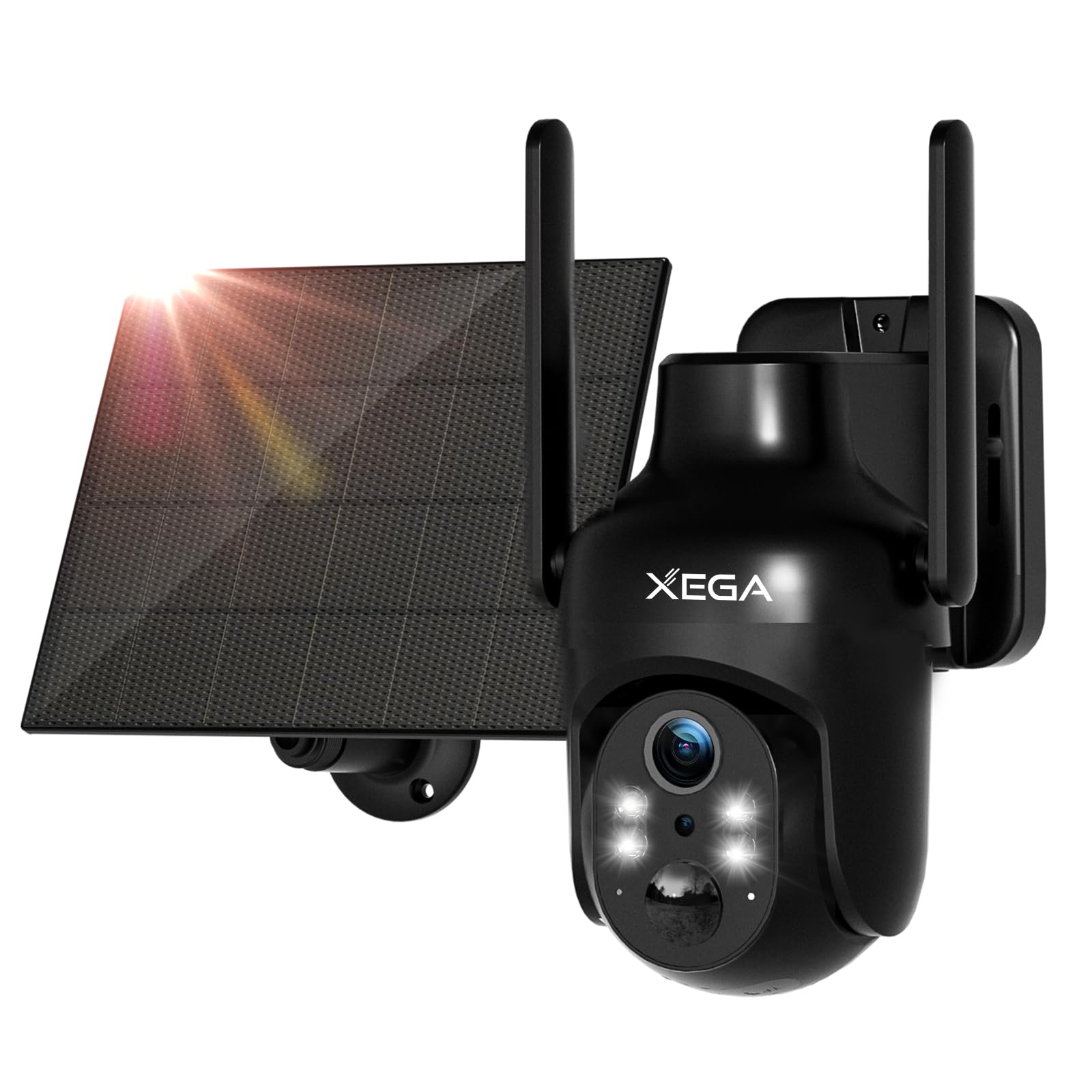 Xega Wi-Fi Telecamera Solare Esterno Senza Fili, HD PTZ Telecamere con Pannello Solare Batterie, Visione Notturna a Colori, Rilevamento Umano PIR, Audio a 2 Vie, IP66, 2,4GHz
