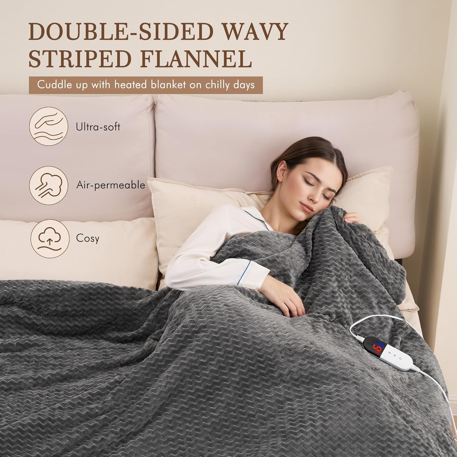 Coperta Elettrica 130x180cm con 6 Livelli di Calore, Grigio - immagine 6