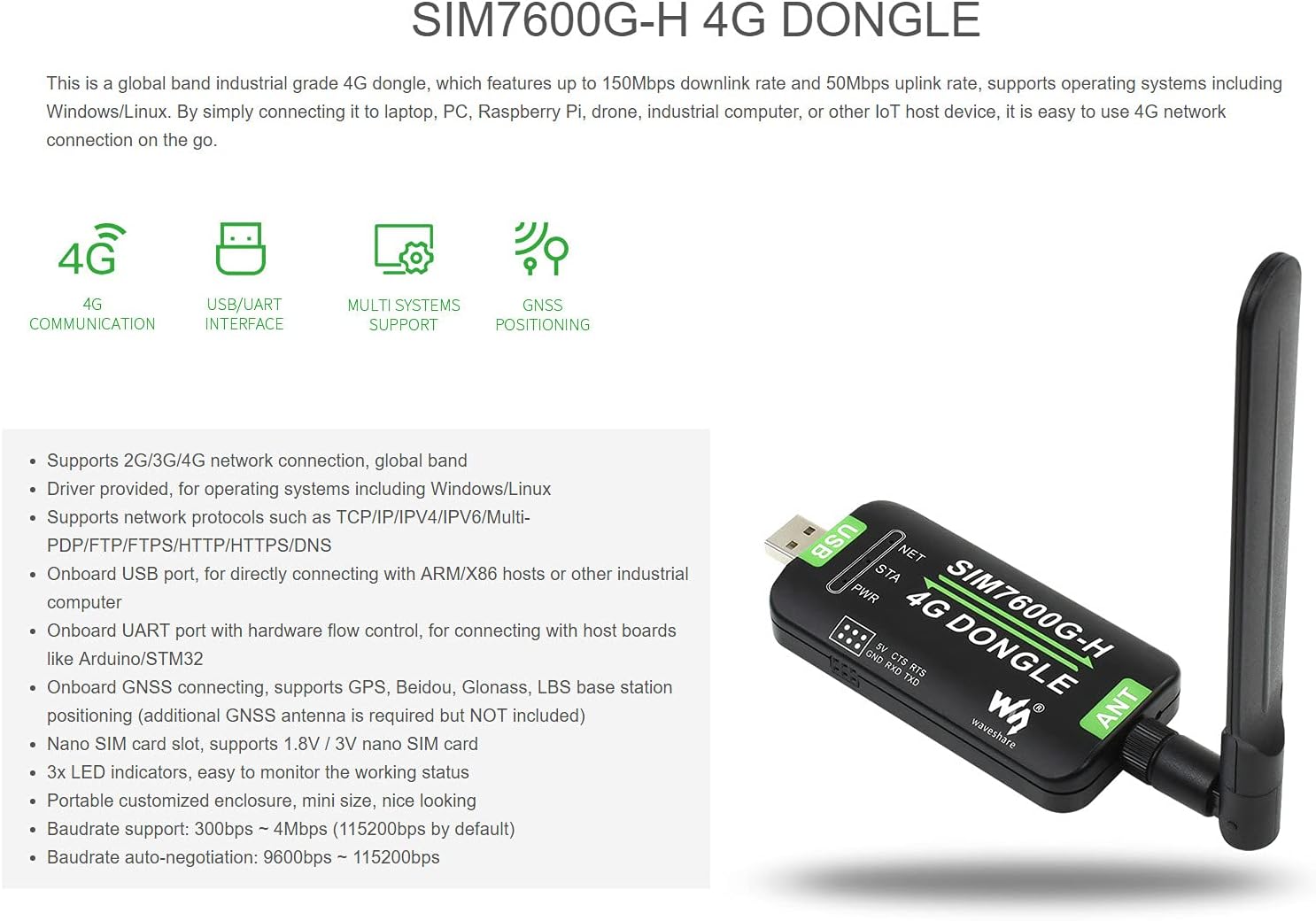 Waveshare SIM7600G-H 4G DONGLE, with Antenna, Compatible with Windows/Linux - immagine 5
