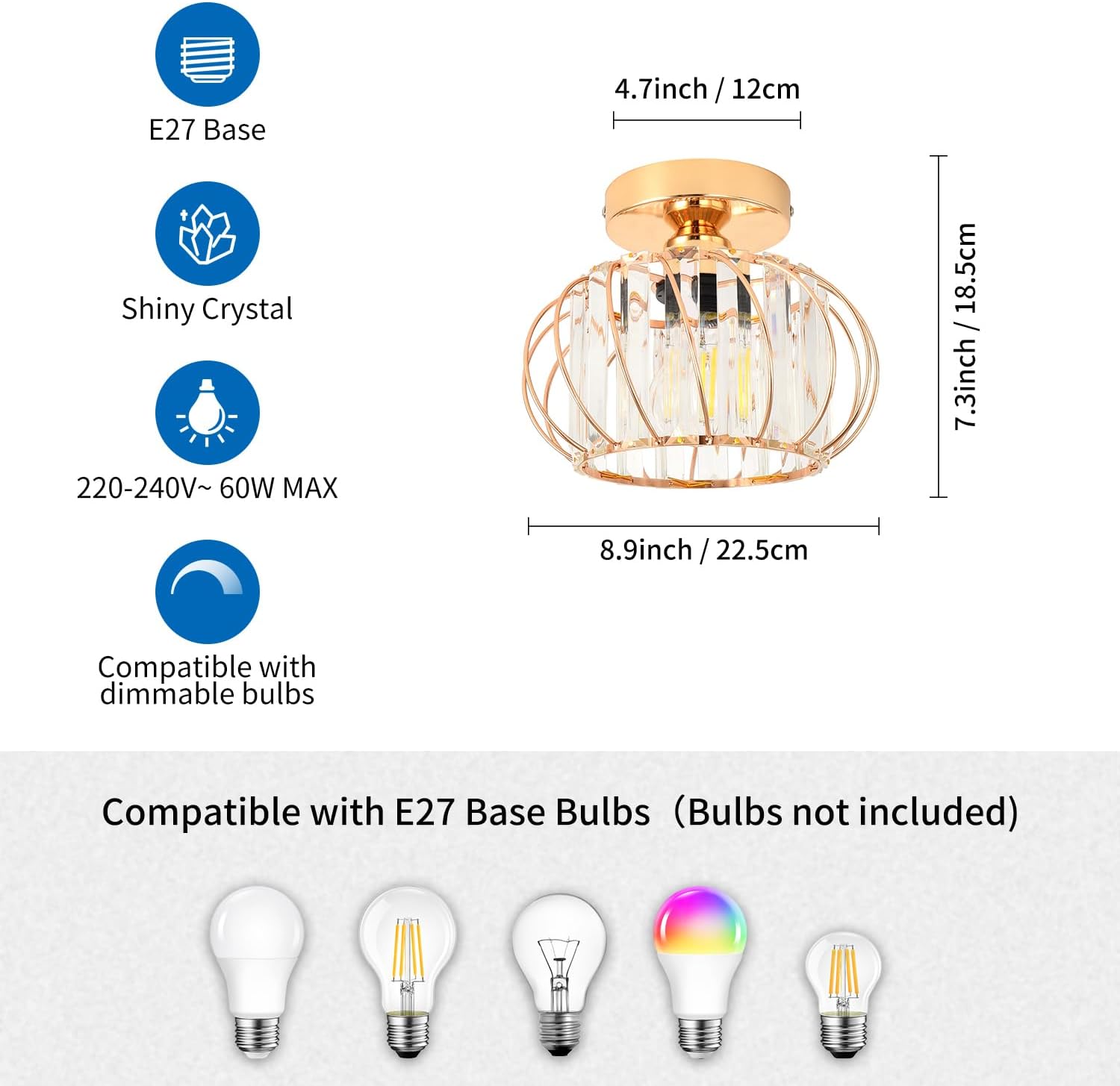 Anwio Lampada da Soffitto Cristallo E27 22.5 CM - immagine 3
