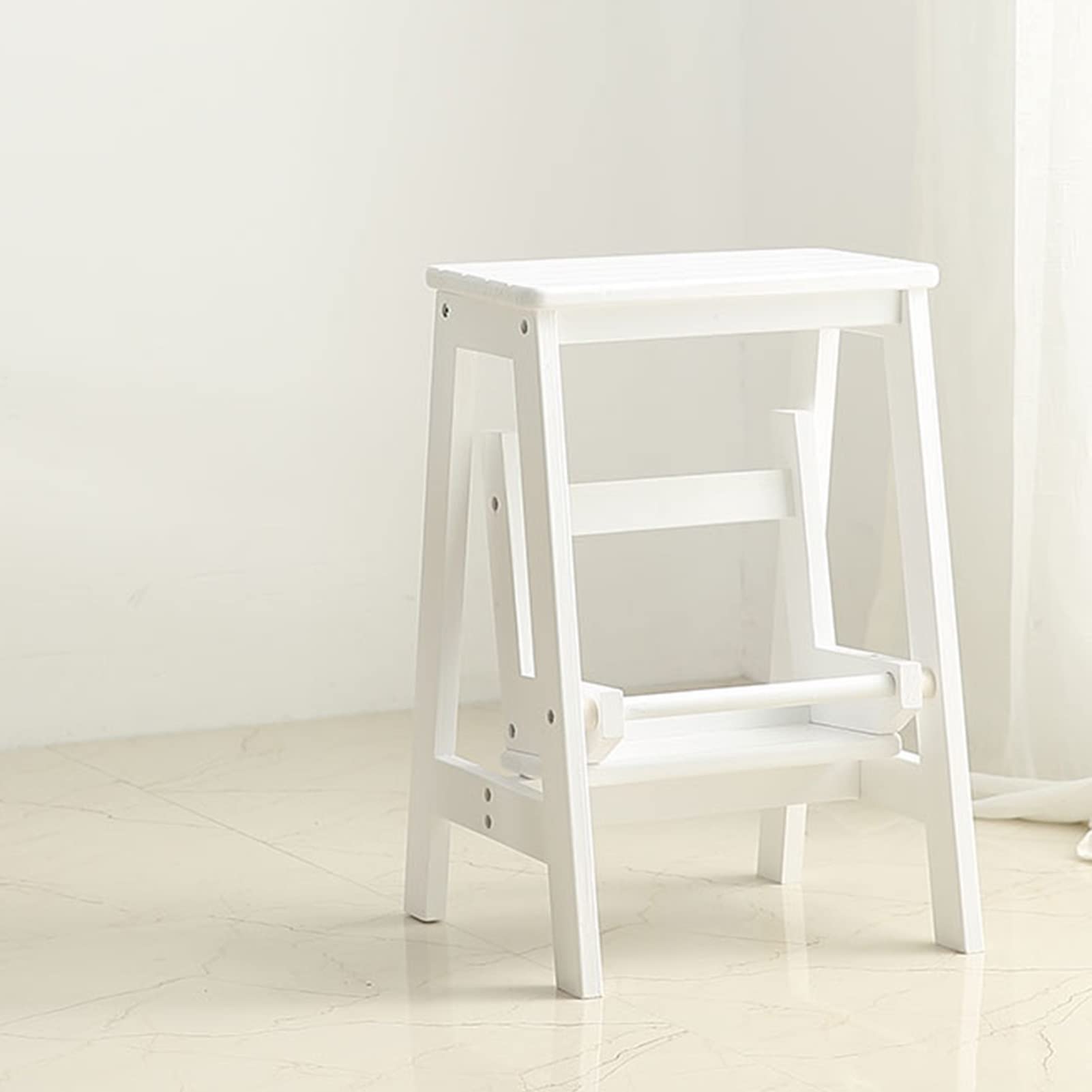 Sgabello Step a 2 Gradini Pieghevole in Legno, Bianco