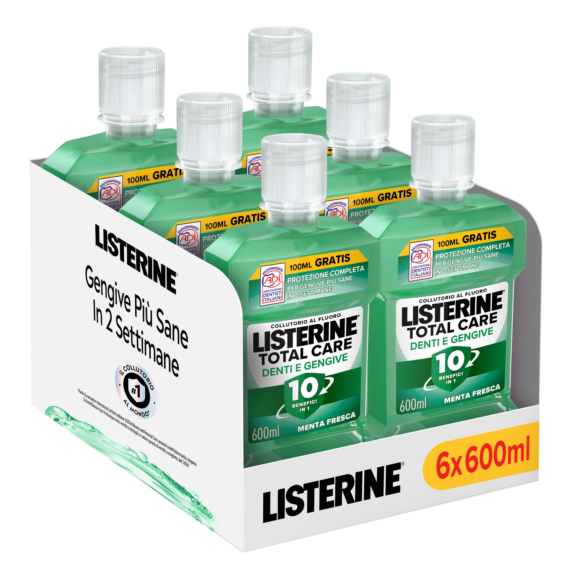 LISTERINE Total Care Denti e Gengive, Collutorio al gusto di Menta Fresca, Con Fluoro e 10 benefici in 1 per una protezione completa e gengive più sane in due settimane, Confezione da 6 x 600 ml
