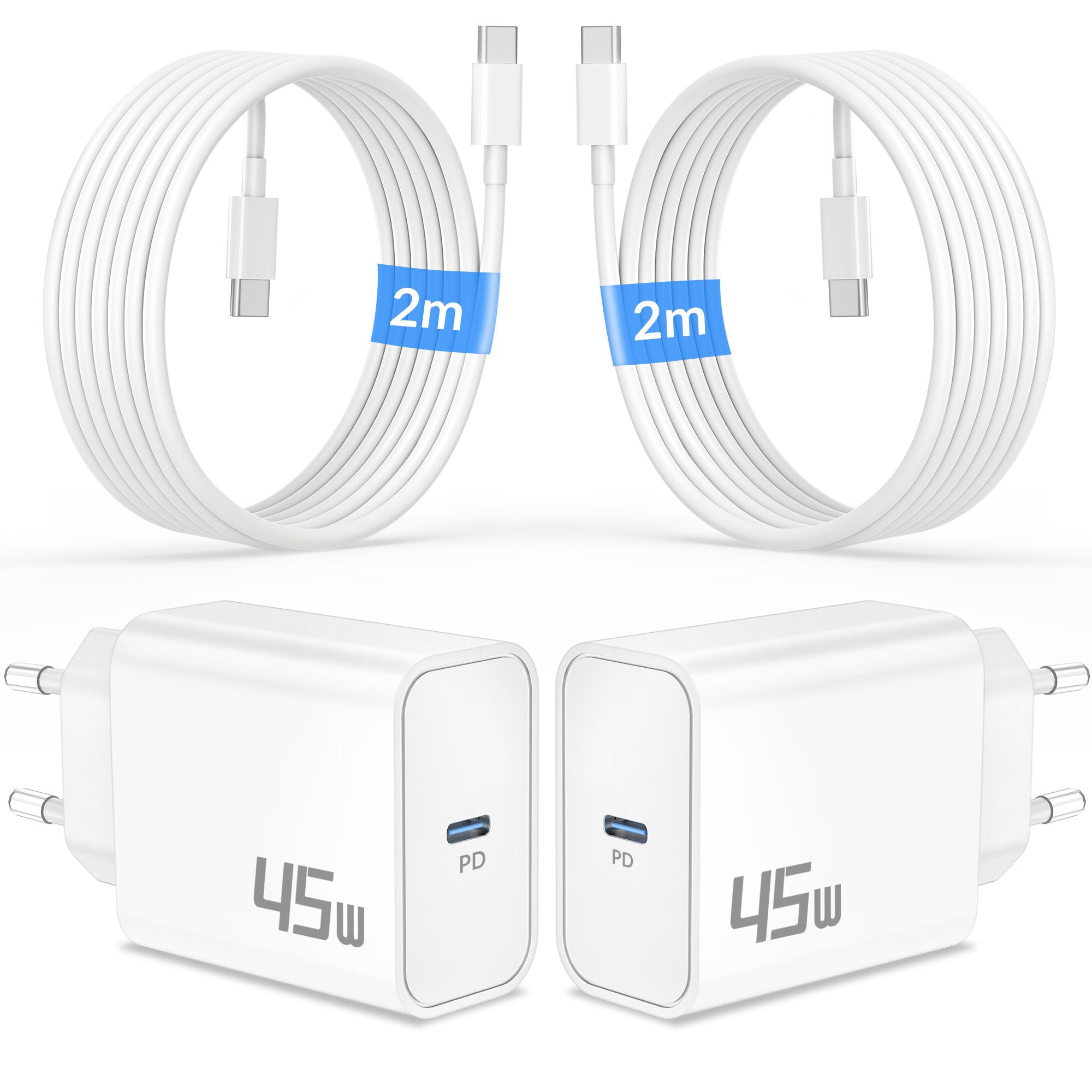Caricatore USB C 45W per Samsung + Cavo 2M, 2 Pezzi Bianchi