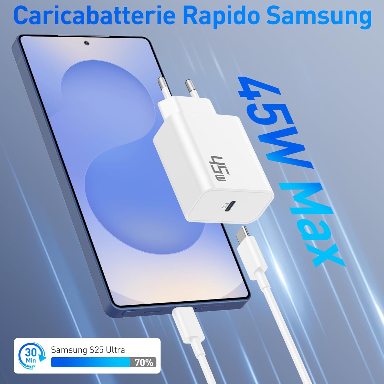 Caricatore USB C 45W per Samsung + Cavo 2M, 2 Pezzi Bianchi - immagine 2