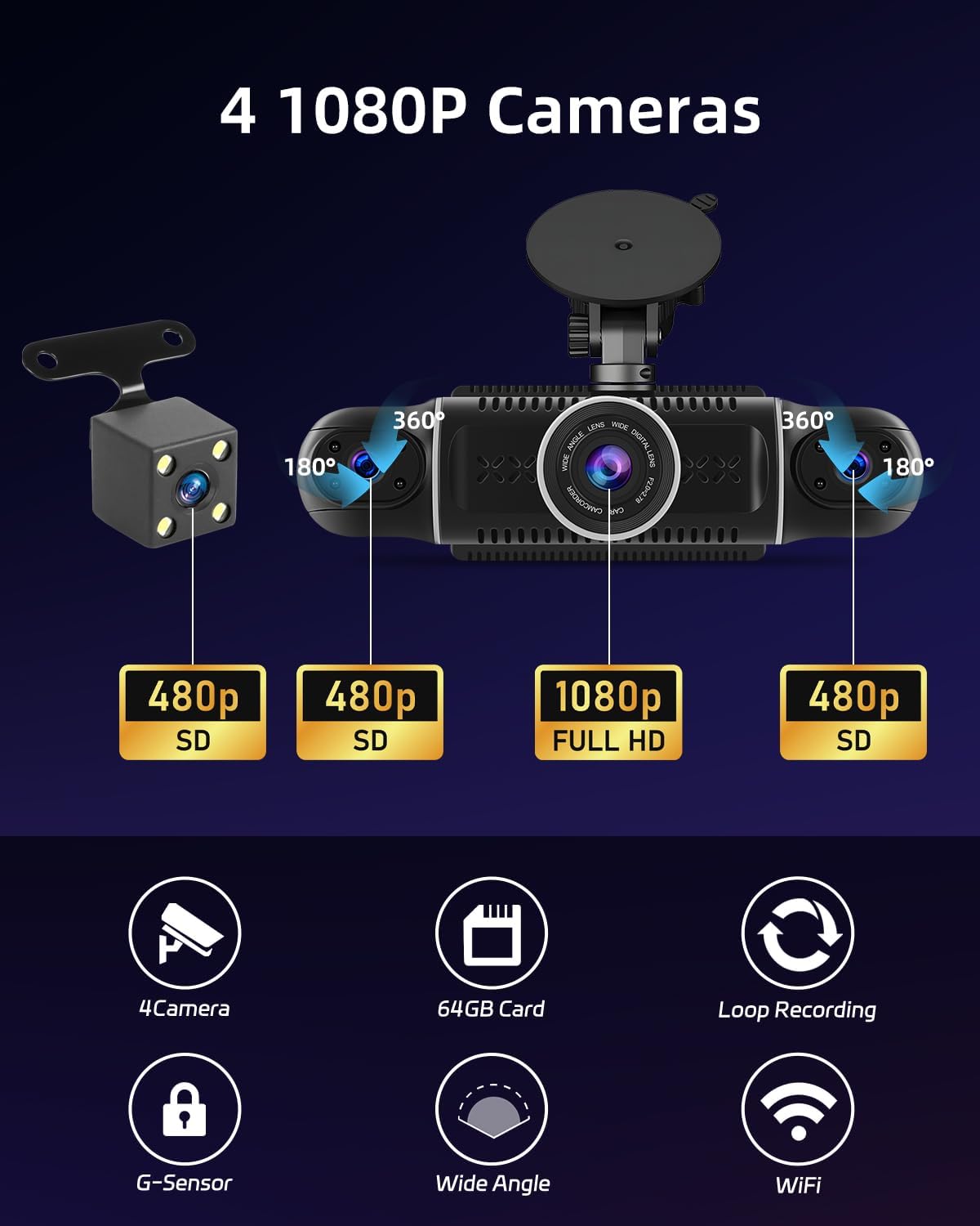 Nhopeew Dashcam 4 Canali 360° 1080P per Auto - immagine 2