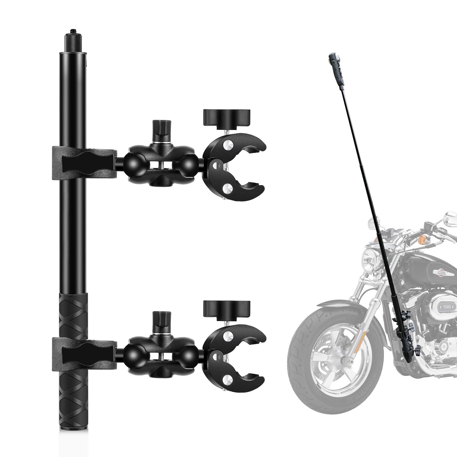 PULUZ Supporto per fotocamera da moto con 2 granchi a doppia testa e bastone per selfie da 150 cm, set per riprese in prima persona, supporto per manubrio bicicletta Insta360 X4 X3 X2 ONE RS R ace