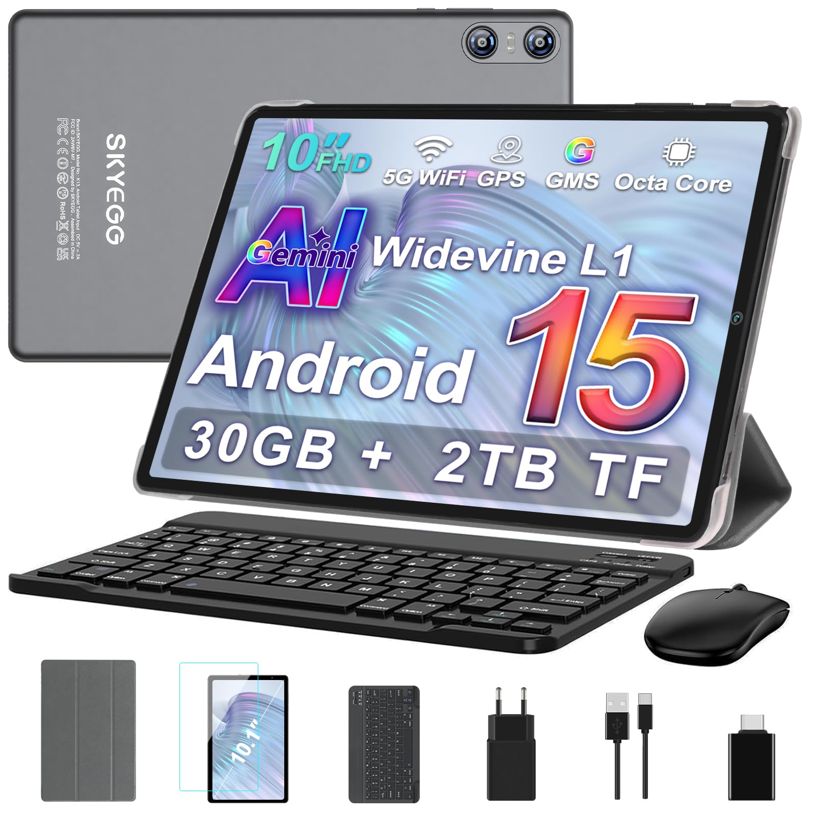 Tablet 10 Pollici Android 15 con Gemini AI, Grigio Carbono