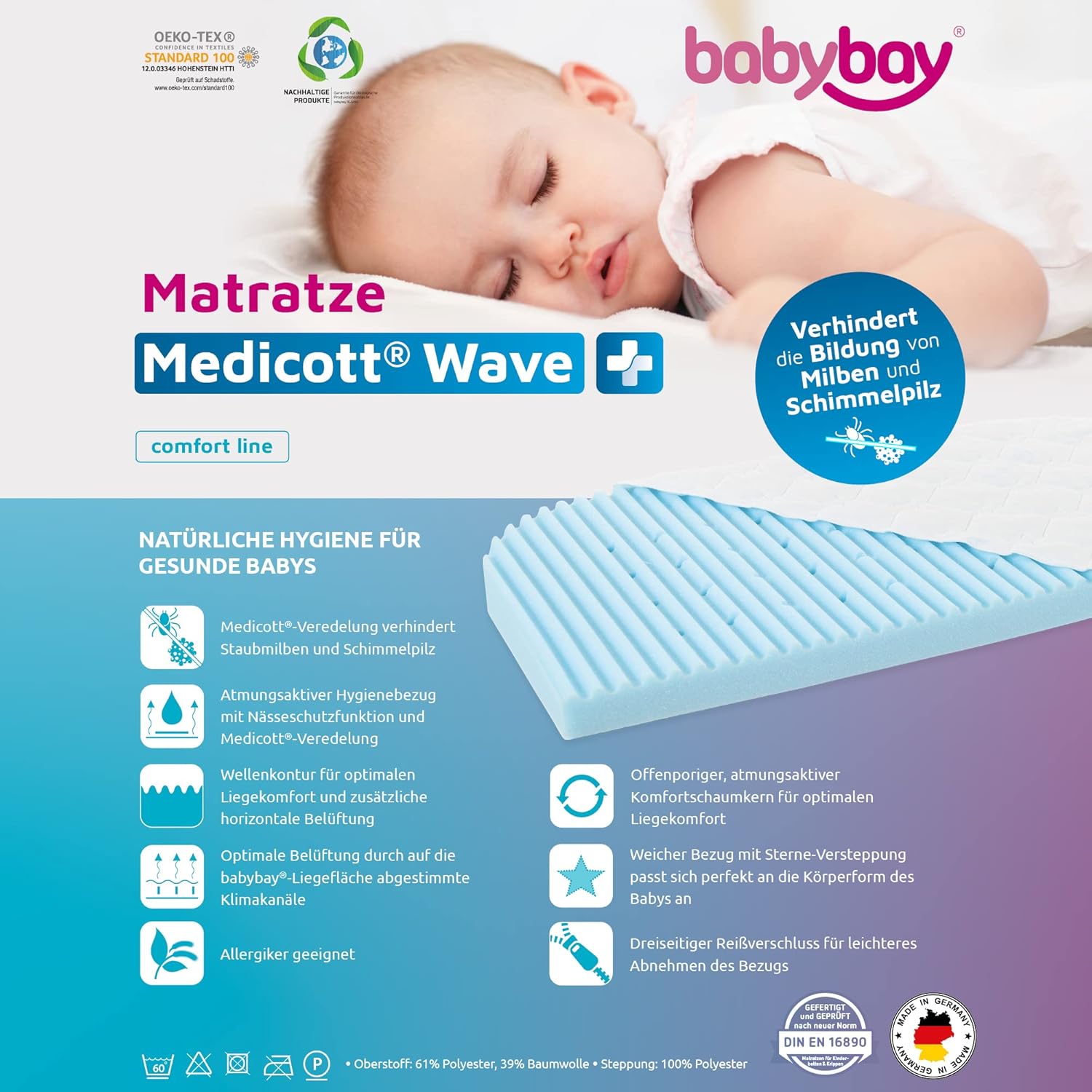 Babybay 160539 Mattress Medicott Wave, Bianco - immagine 9
