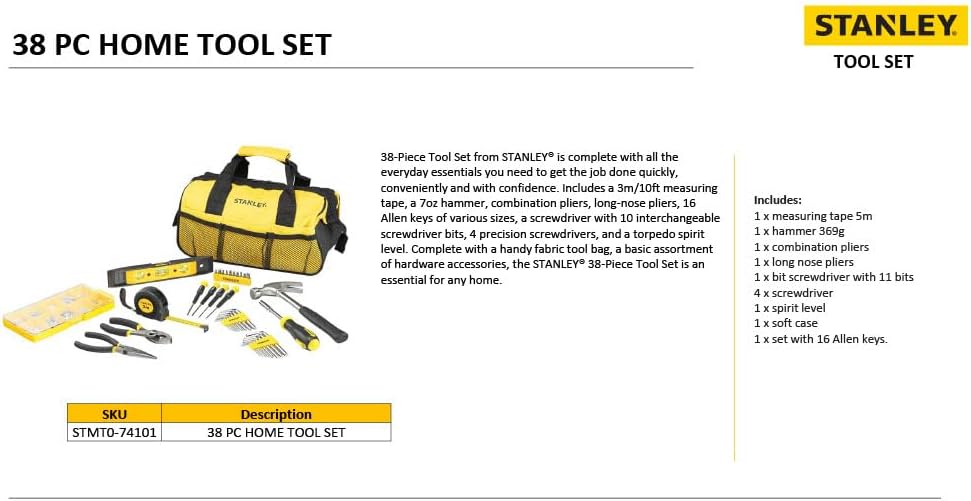Stanley Stmt0-74101 - Set Attrezzi Misti 38 Pezzi, Nero Giallo - immagine 8