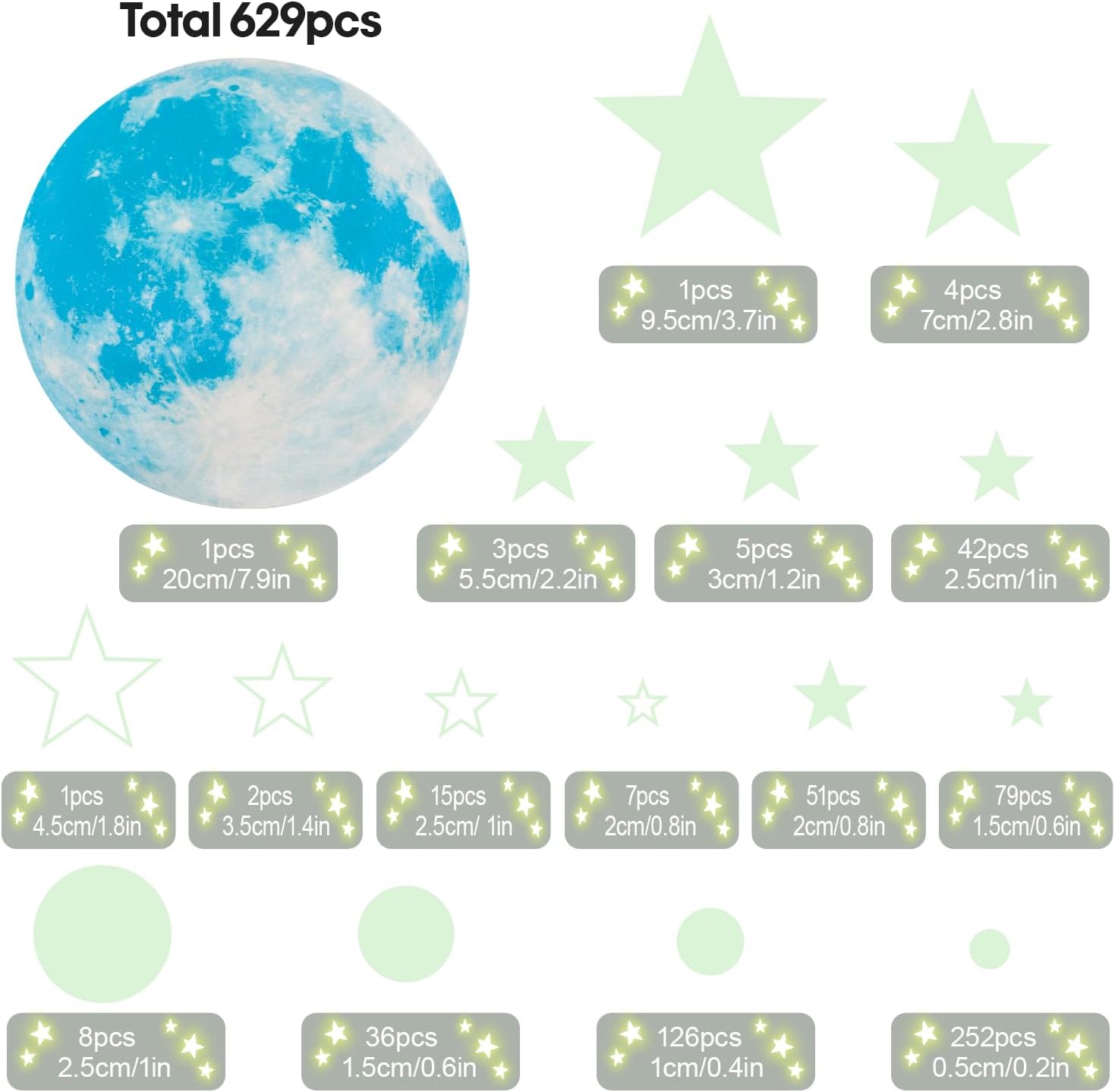 Adesivi Luminosi 629 Pezzi Stelle Scure, Blu - immagine 3