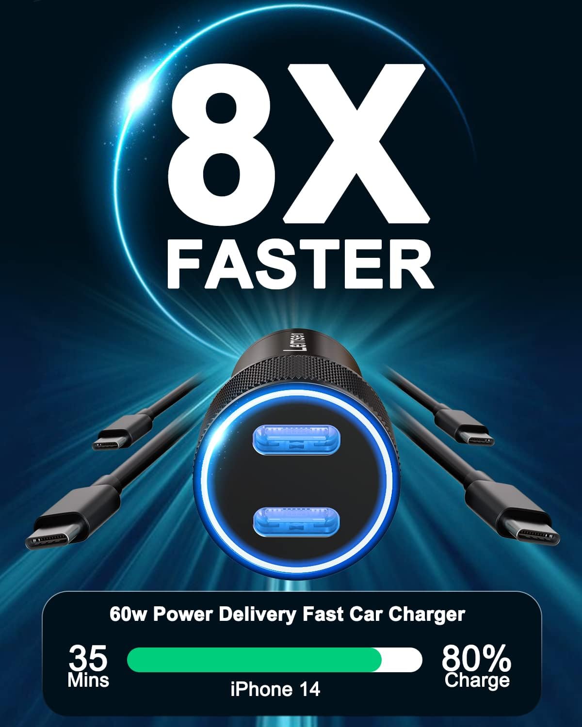 Caricatore Auto USB-C 60W 2 Porte PD con Cavo - immagine 3