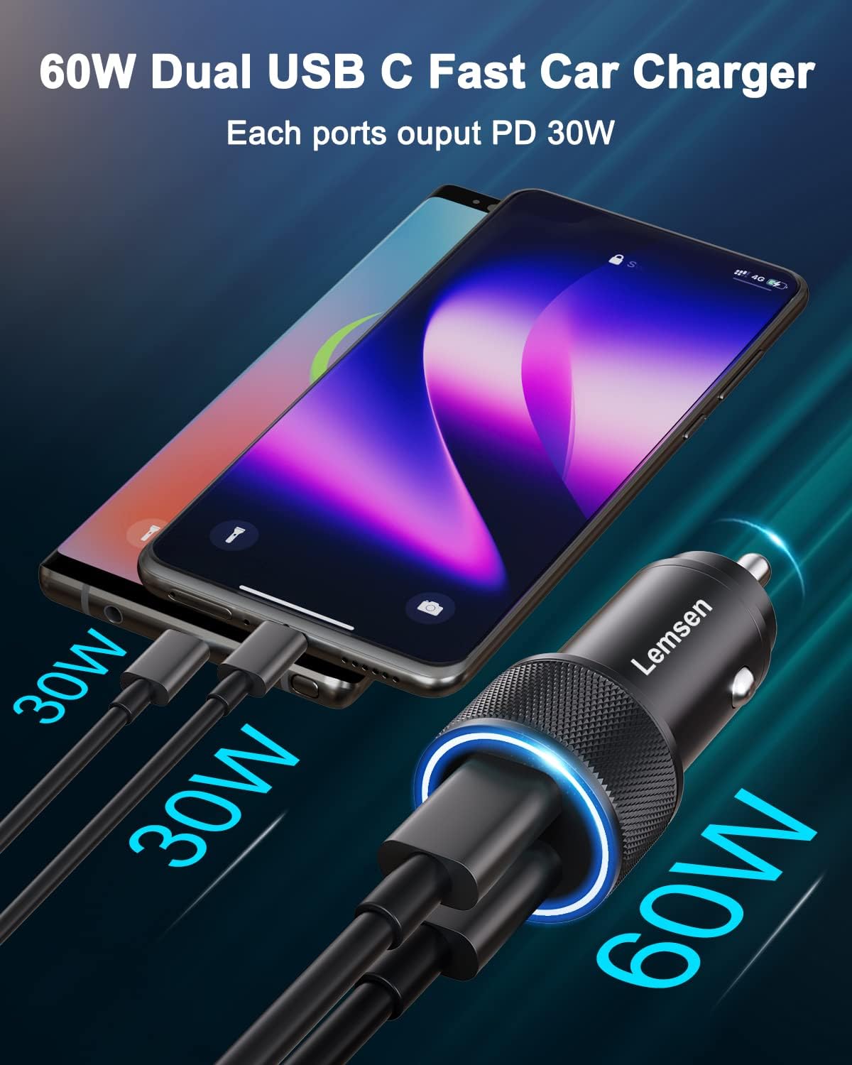 Caricatore Auto USB-C 60W 2 Porte PD con Cavo - immagine 4