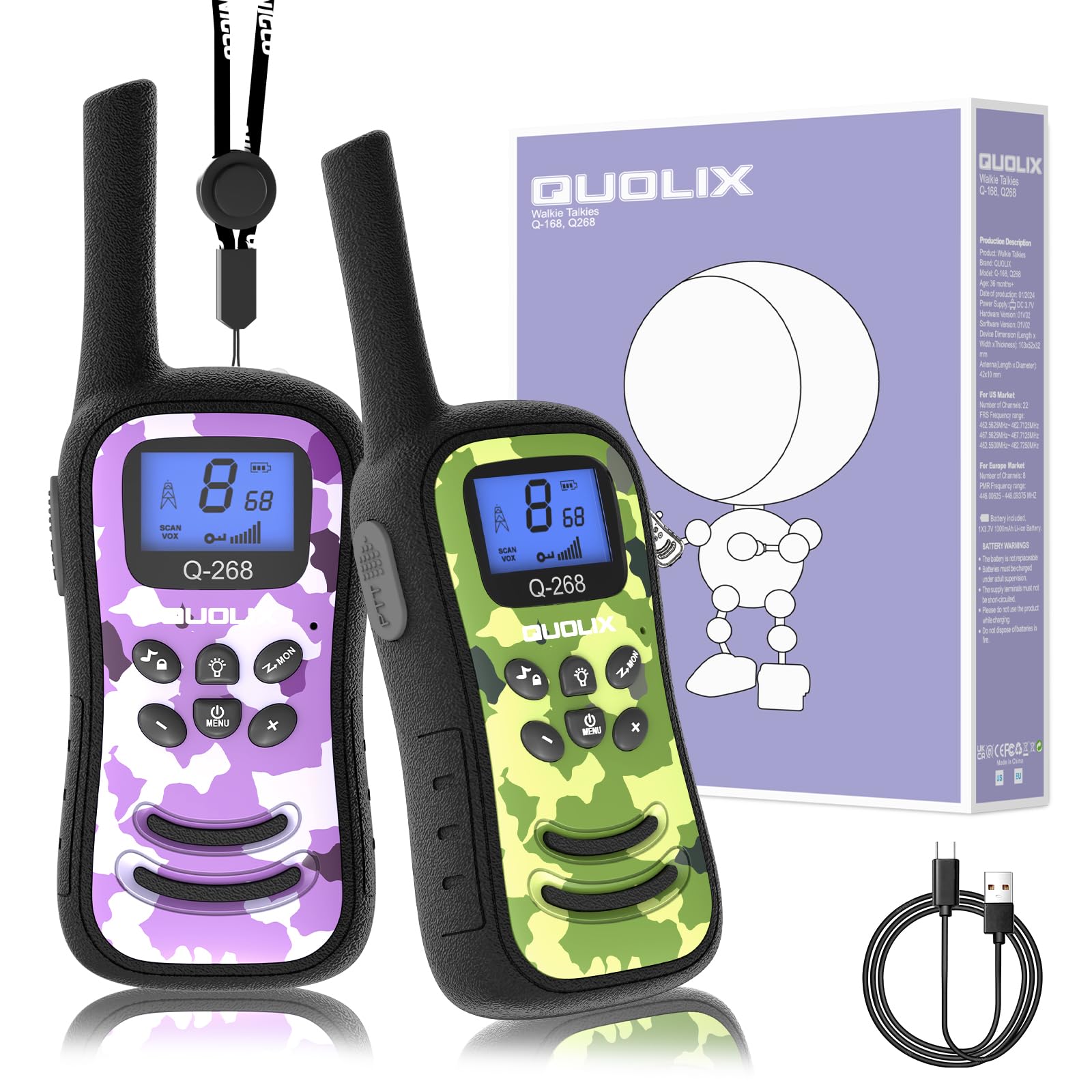 Quolix Walkie Talkie Bambini Ricaricabili a 8 Canali