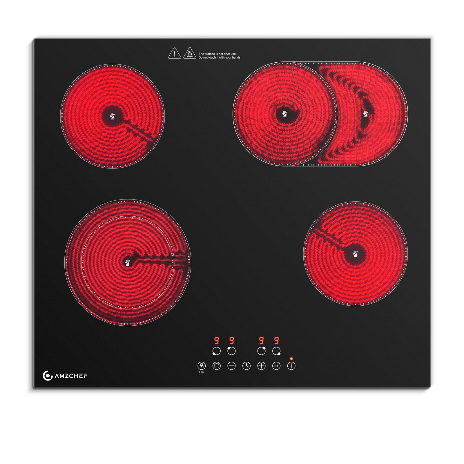 AMZCHEF Piano Cottura Vetroceramica 4 Fuochi 7200W, Piano Cottura Elettrico 60 cm, 9 Livelli di Potenza, Zone Doppie/Ovali per Grigliare, Funzione Pausa Riscaldamento, Compatibile con tutte le Pentole