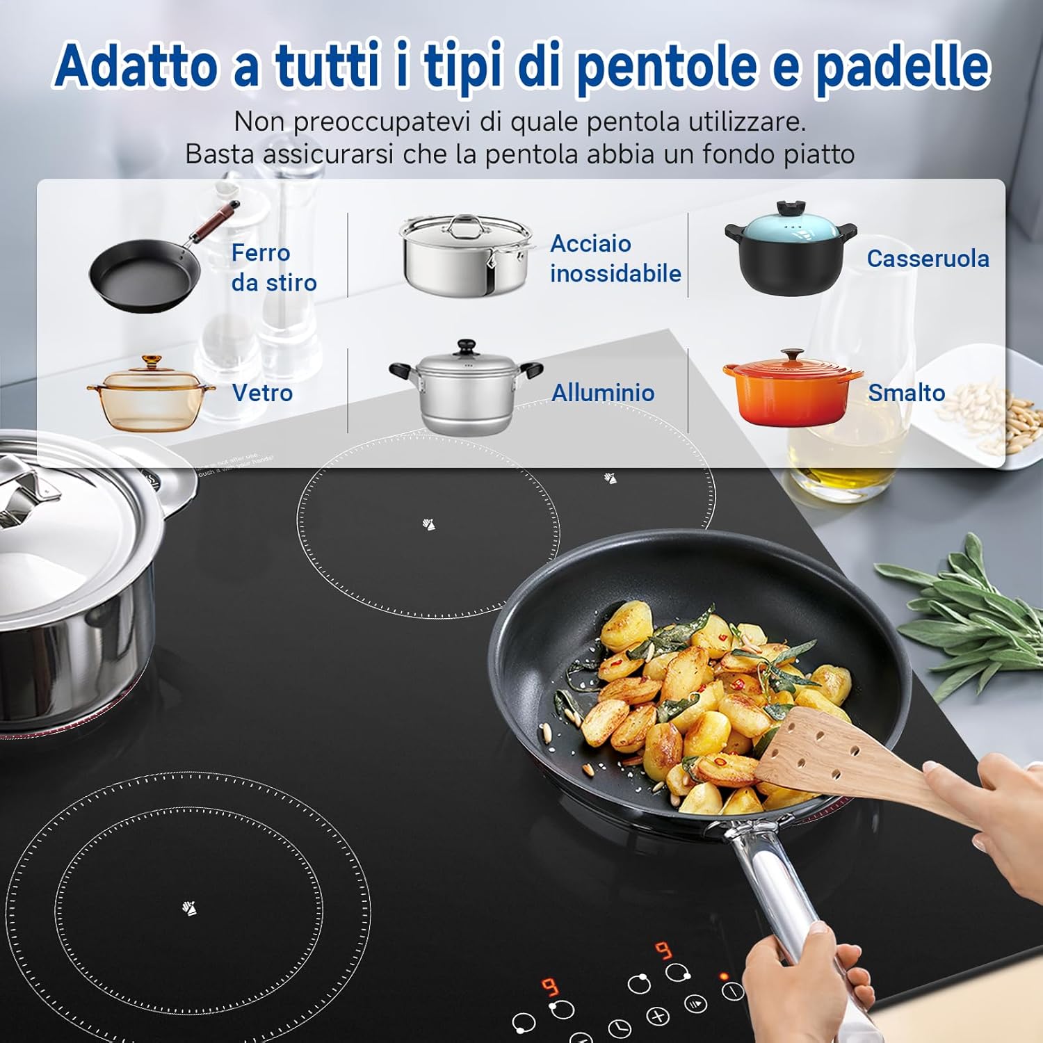 AMZCHEF Piano Cottura Vetroceramica 4 Fuochi 7200W, Piano Cottura Elettrico 60 cm, 9 Livelli di Potenza, Zone Doppie/Ovali per Grigliare, Funzione Pausa Riscaldamento, Compatibile con tutte le Pentole - immagine 5