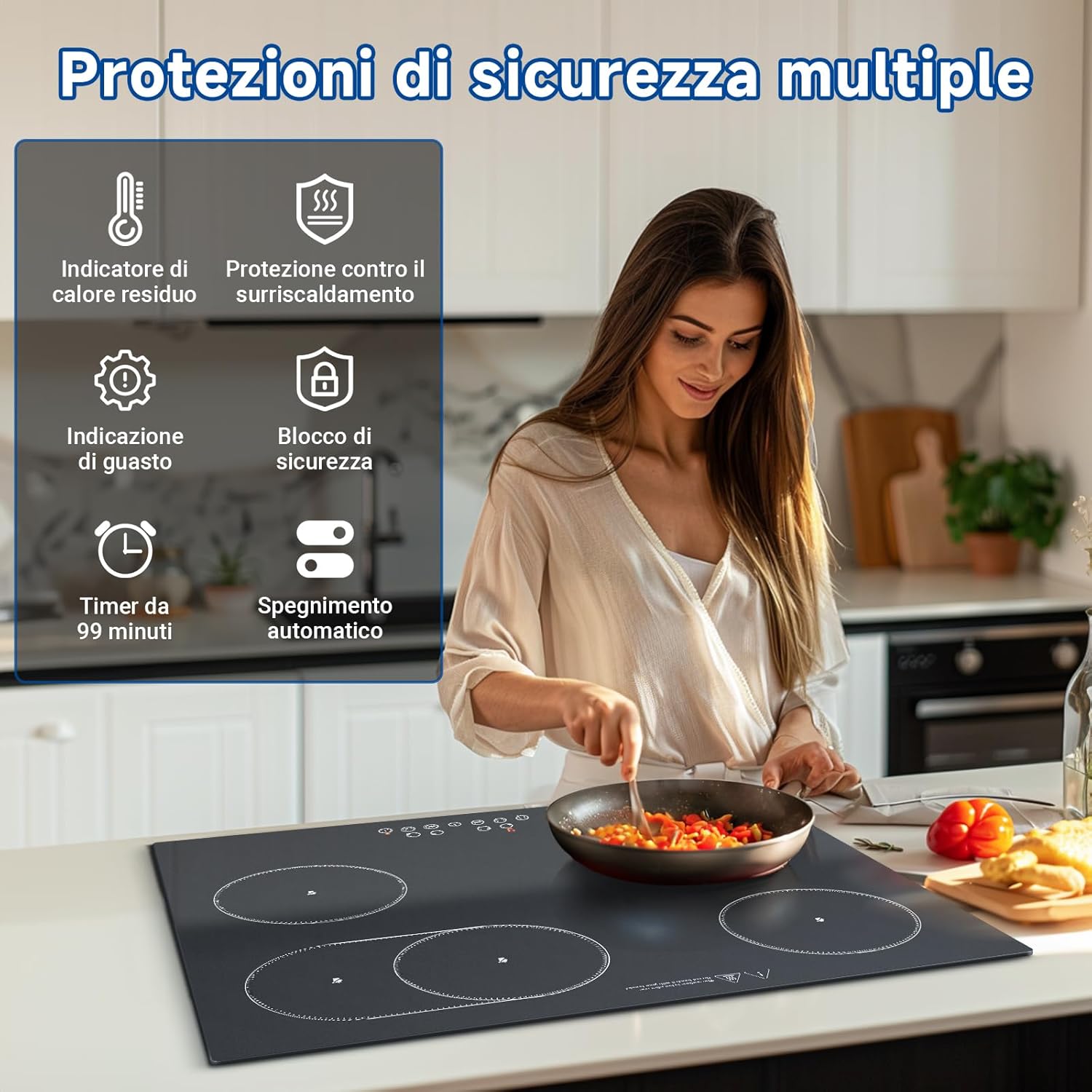 AMZCHEF Piano Cottura Vetroceramica 4 Fuochi 7200W, Piano Cottura Elettrico 60 cm, 9 Livelli di Potenza, Zone Doppie/Ovali per Grigliare, Funzione Pausa Riscaldamento, Compatibile con tutte le Pentole - immagine 6