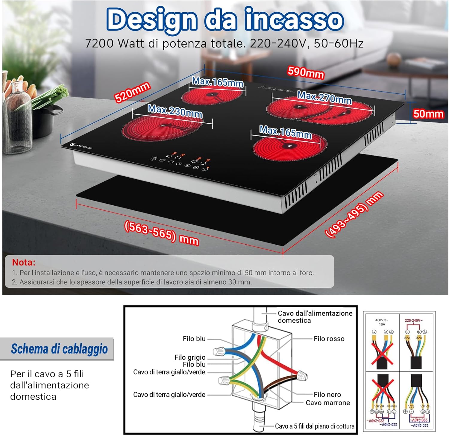 AMZCHEF Piano Cottura Vetroceramica 4 Fuochi 7200W, Piano Cottura Elettrico 60 cm, 9 Livelli di Potenza, Zone Doppie/Ovali per Grigliare, Funzione Pausa Riscaldamento, Compatibile con tutte le Pentole - immagine 9