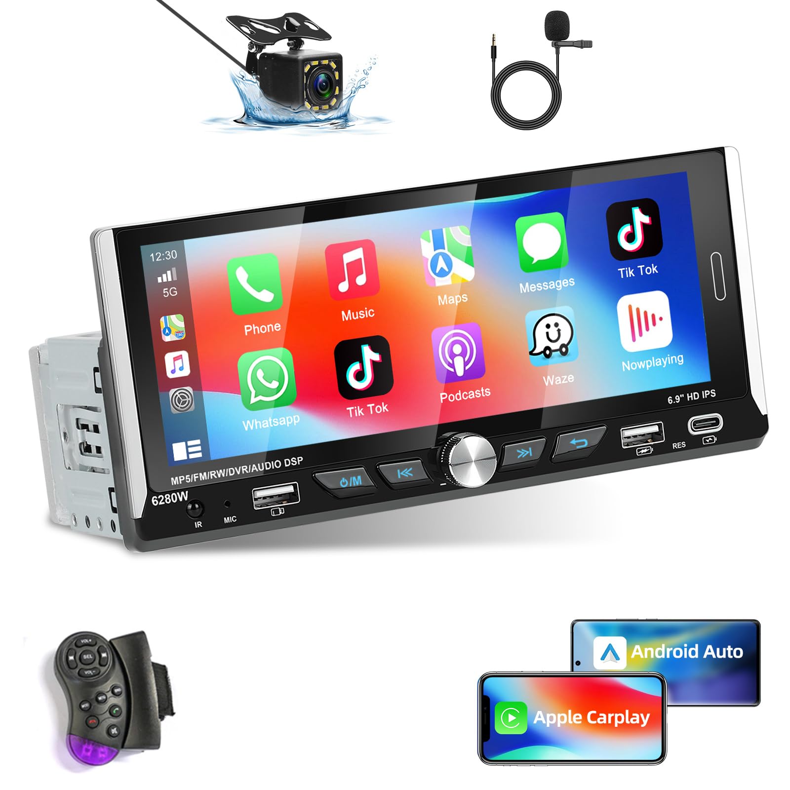 Podofo Autoradio Wireless Carplay 1 Din 6.9 Pollici