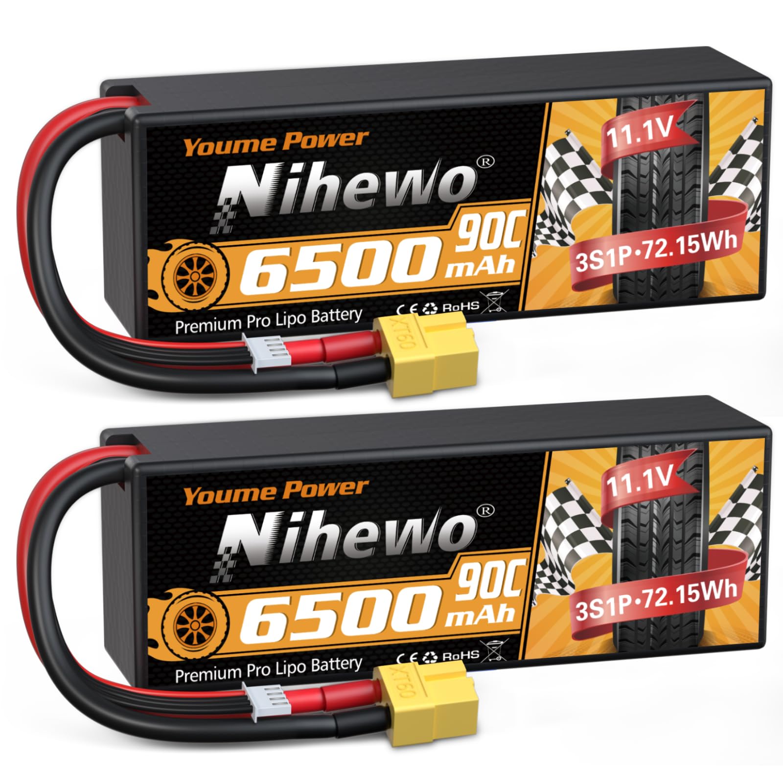 Nihewo 2Pack 3S Lipo Batteria 11.1V 6500mAh 90C