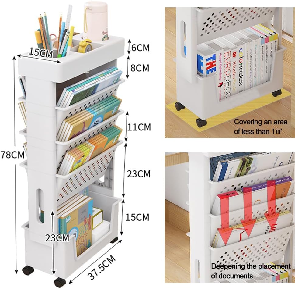 Nuodwell Libreria Mobile con Ruote, Bianca - immagine 2
