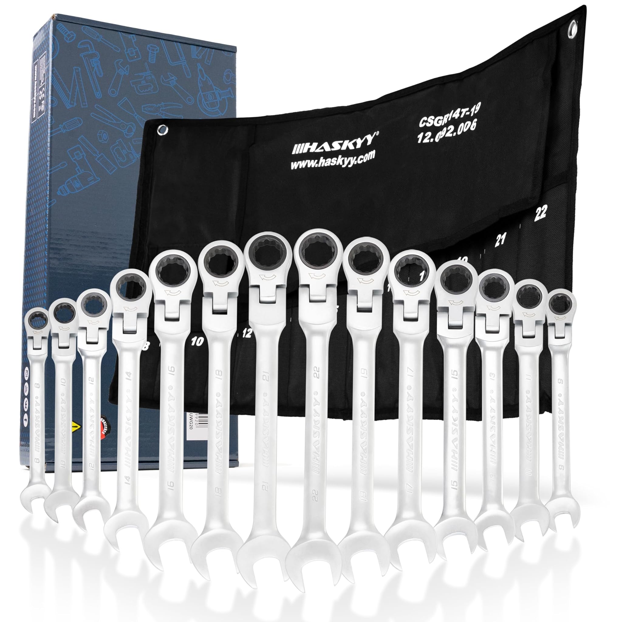 Set da 14 pezzi, HASKYY, set di chiavi a cricchetto snodate, 8-22 mm