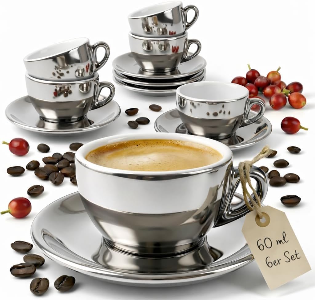 Set 6 Tazzine Caffè Espresso 60ml con Piattini Argento e Bianco
