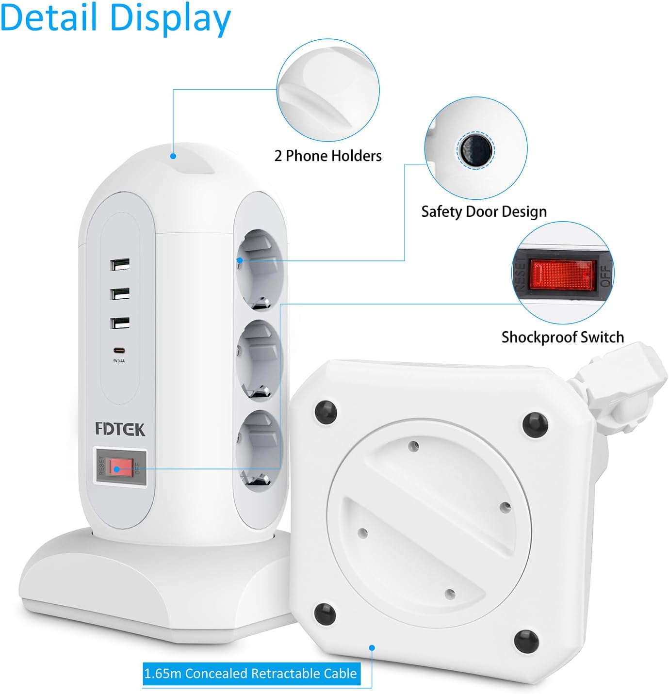 Fdtek Ciabatta Multipresa Verticale con 3 USB-A e 1 Tipo-C - immagine 6
