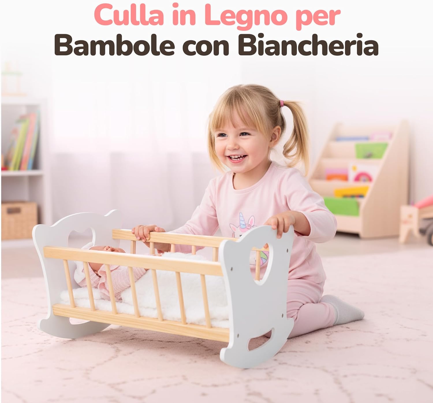 Kinderplay Culla per Bambole in Legno con Biancheria - immagine 2