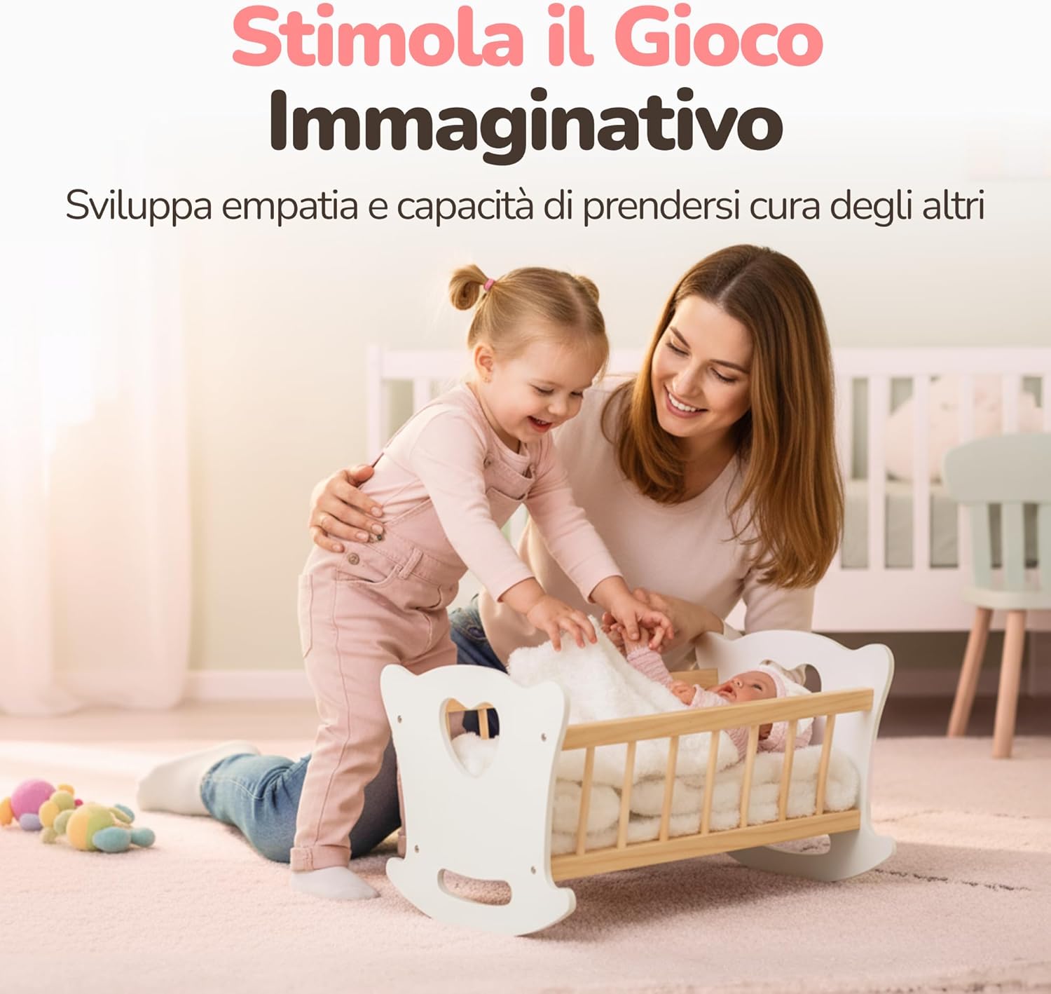 Kinderplay Culla per Bambole in Legno con Biancheria - immagine 3