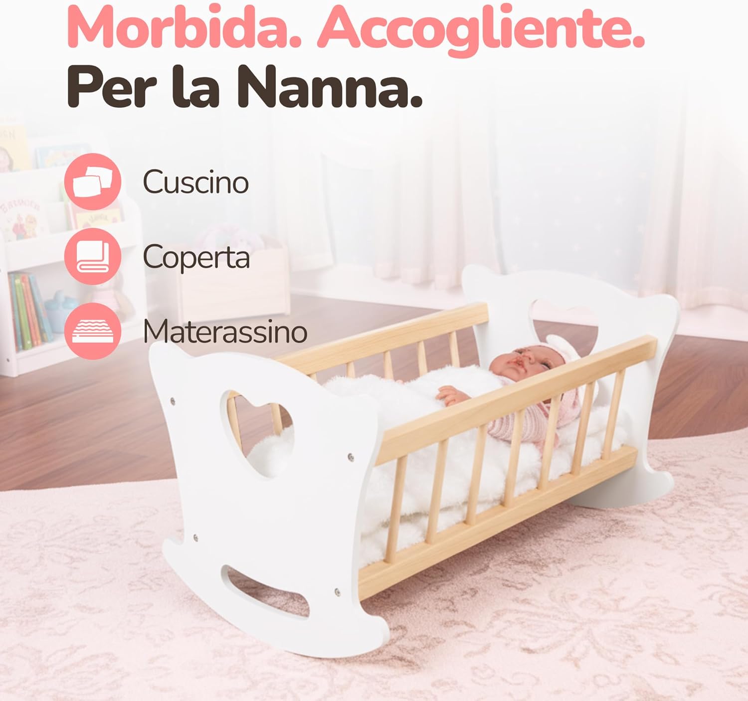 Kinderplay Culla per Bambole in Legno con Biancheria - immagine 5