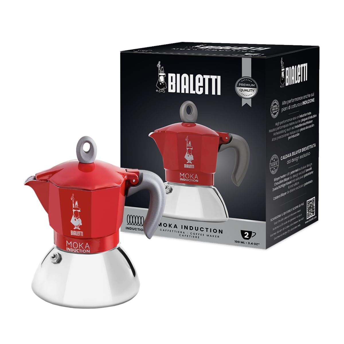 Bialetti Caffettiera Moka Induction 2 Tazze (100 ml), Rosso