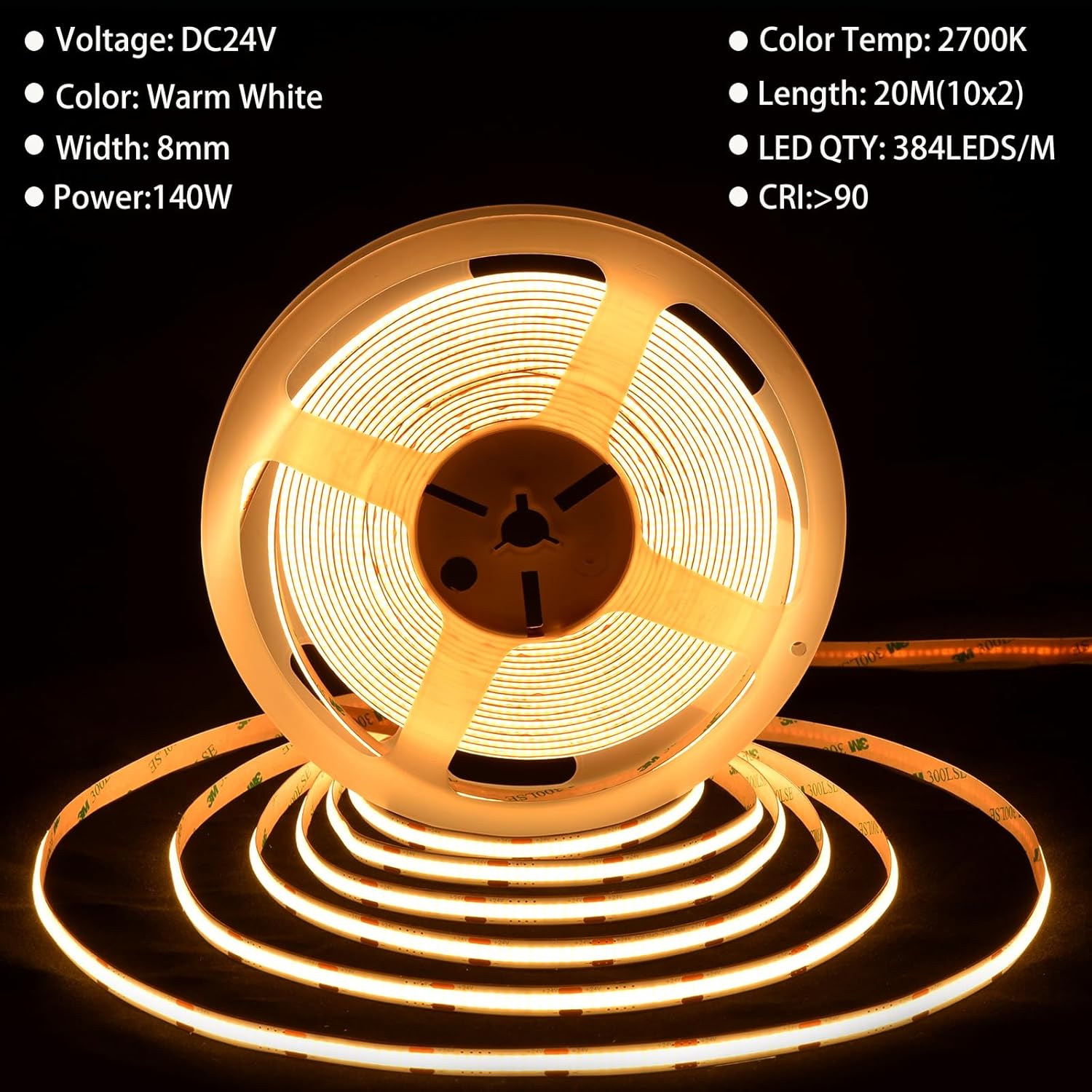 Berixdeep Striscia LED COB 20 Metri Bianco Caldo DC24V - immagine 2