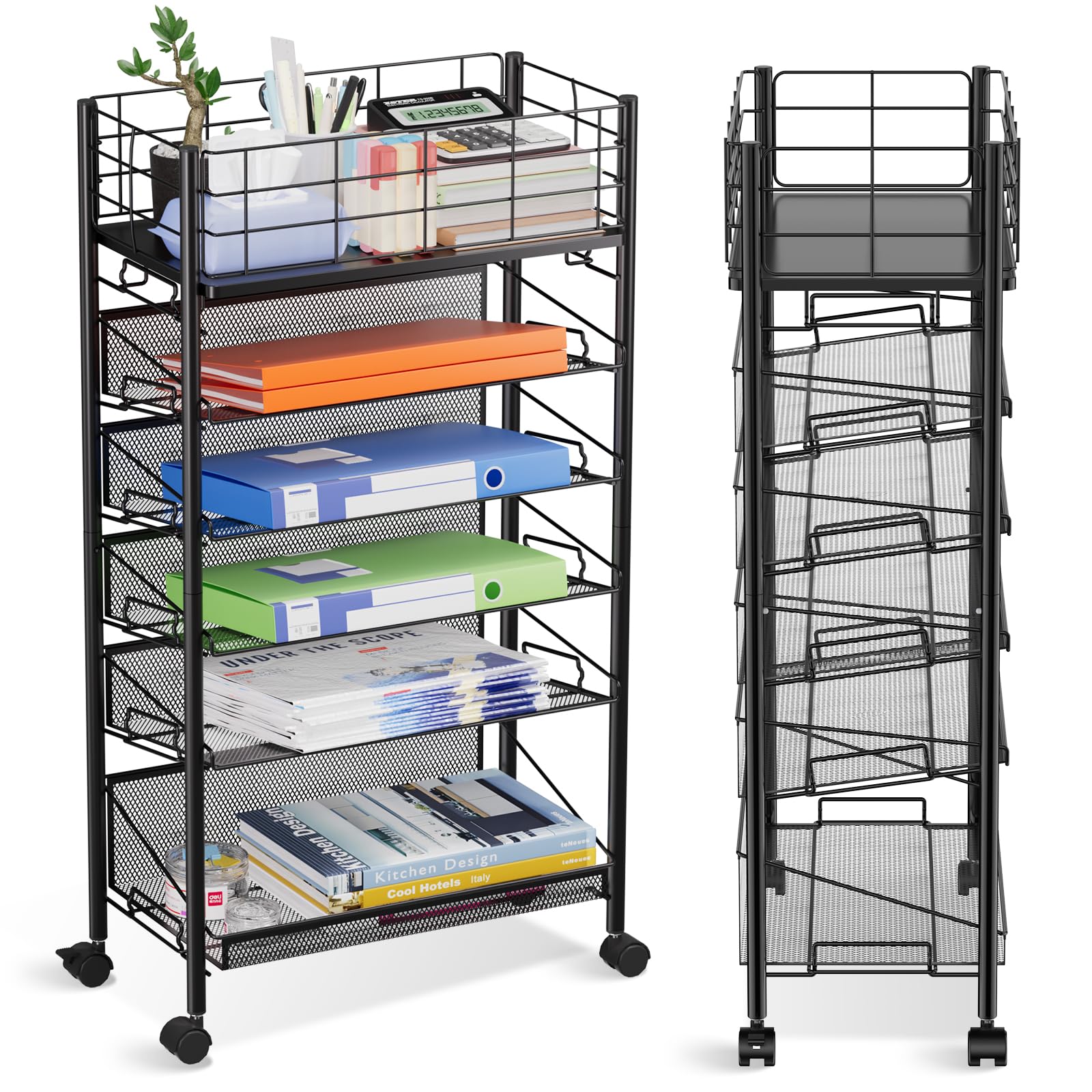 Carrello per Documenti con Ruote, 6 Ripiani in Metallo