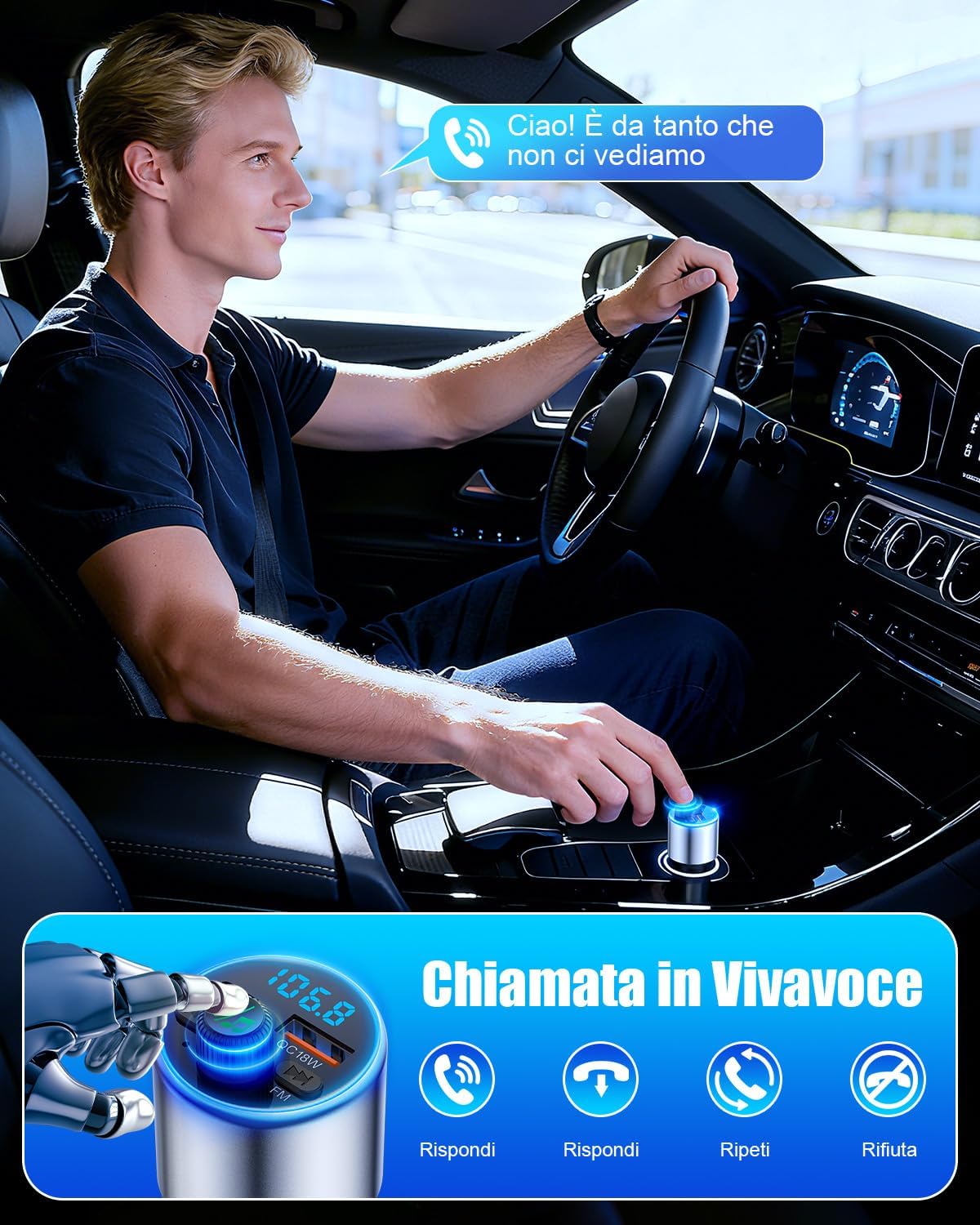 Trasmettitore FM Bluetooth 5.3 per Auto con Ricarica Rapida - immagine 4